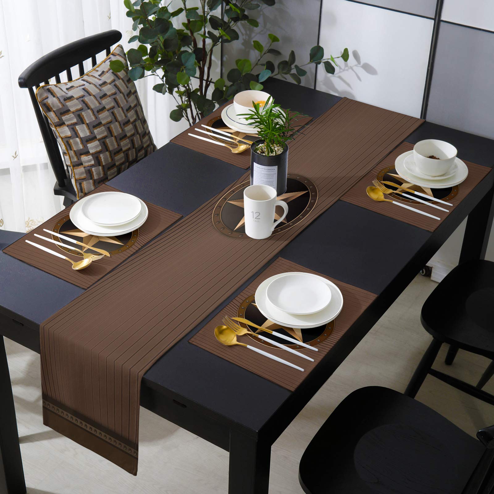 Vintage Western Star Striped Burlap Table Runner Set - 4 Non-Slip Placemats for Kitchen & Dining Room Decor - Rustic Farmhouse Table Setting Accessories - Perfect for Thanksgiving, Christmas & Country-Themed Parties