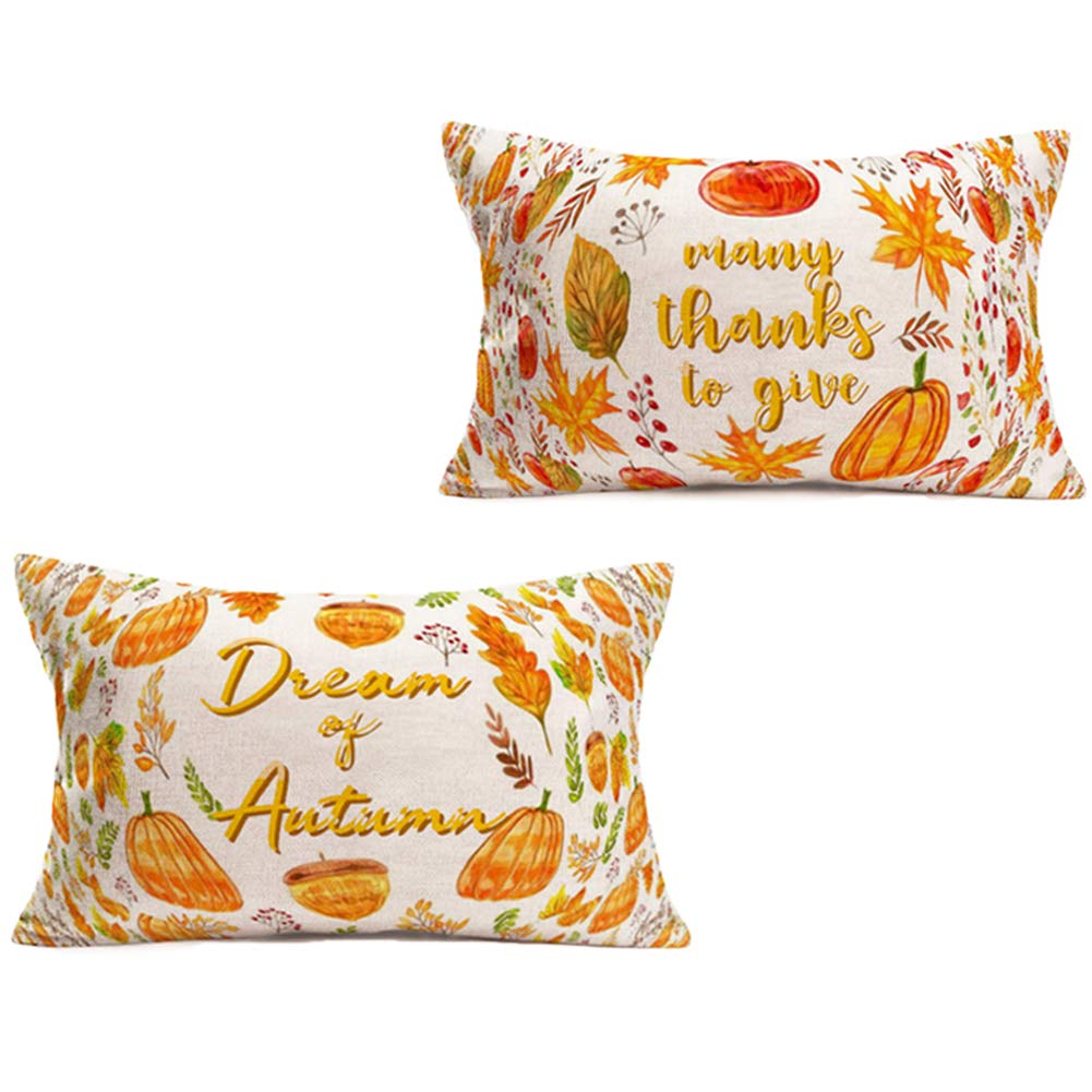 2 Pack Fall Thanksgiving Throw Pillow Covers - Autumn Harvest Pumpkin Maple Leaf Acorn Design 18x18 Inch Cotton Linen Decorative Cushion Covers for Sofa, Bed, Home Decor - Perfect for Thanksgiving, Autumn and Cozy Home Decor