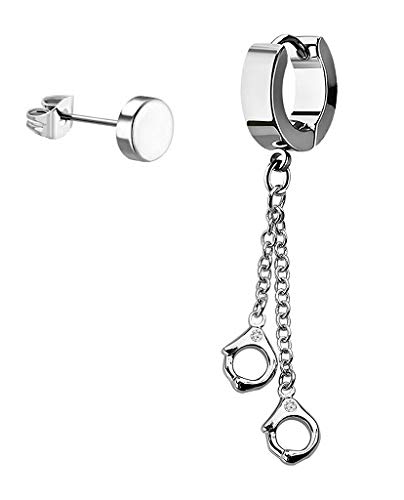 Silver Tone Stainless Steel Dangling Handcuffs Chain Huggie Hoop & Illusion Plug Stud Earrings - Perfect for Gothic, Punk, and Biker Fashion Styles