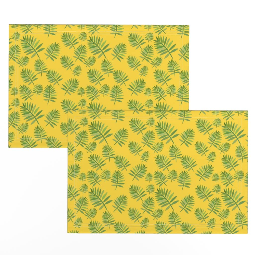 Spoonflower Linen Cotton Canvas Placemats Set of 2 - Bright Palm Fern Floral Tropical Yellow Print Table Mats for Dining Room, Kitchen, and Outdoor Picnic Decor