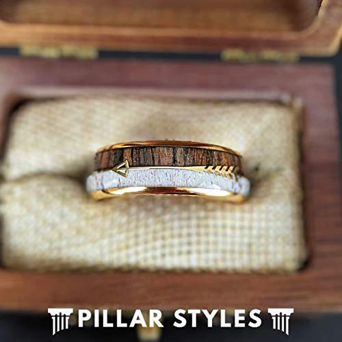 14K Gold Tungsten Men's Wedding Band with Koa Wood & Deer Antler Inlay - 8mm Rustic Boho Ring for Anniversary Gifts | Perfect for Outdoor Enthusiasts & Nature Lovers