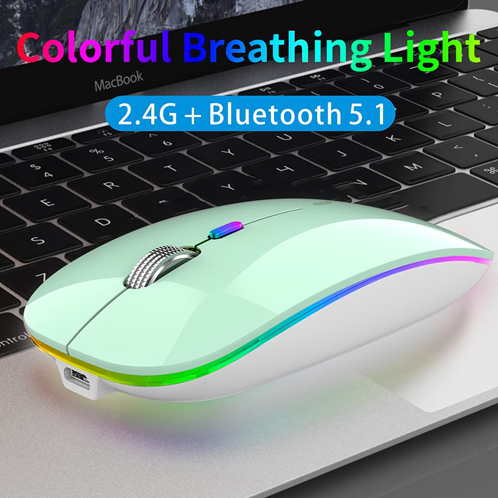TENMOS Wireless Bluetooth Mouse - Slim Rechargeable Silent Mouse with LED, Bluetooth 5.1 & USB 2.4GHz for Laptop, MacBook, iPad (OS 13+) - Mint Green | Perfect for Office, Home & Travel Use