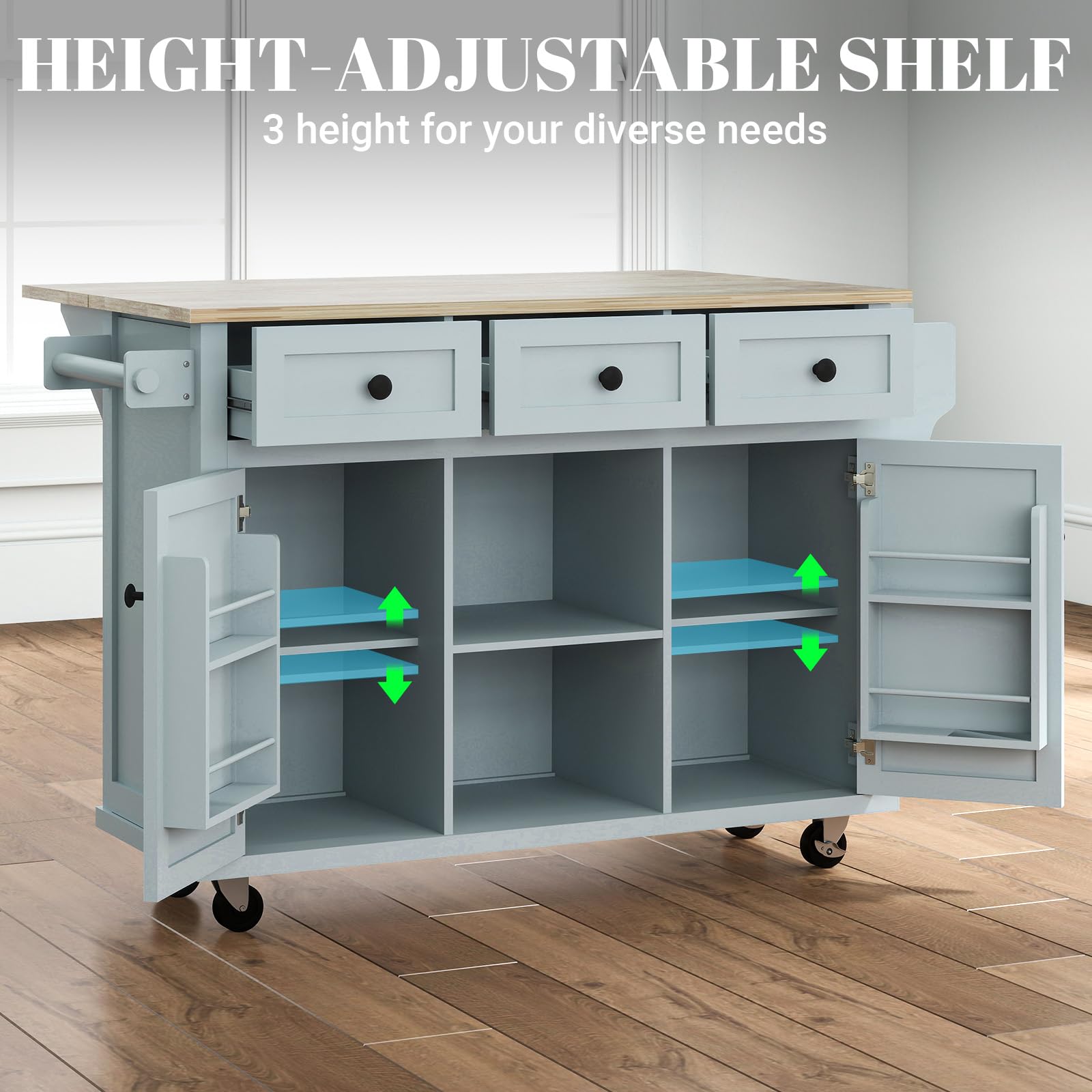 Rovibek 53-inch Blue Kitchen Island Cart with Storage Cabinet & Drawers - Solid Wood Mobile Rolling Island on Wheels - Perfect for Small Kitchens, Dining Areas & Home Organization