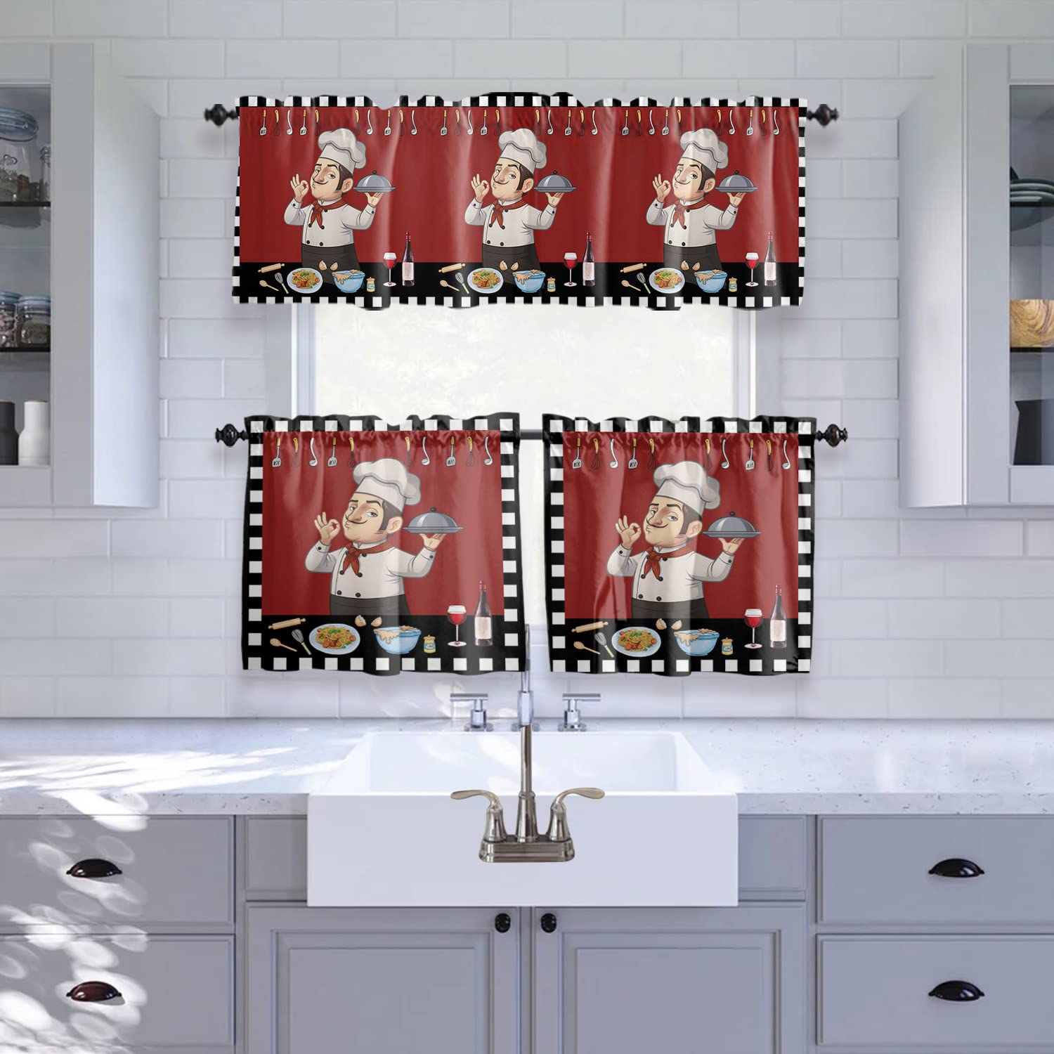 3-Piece Kitchen Curtain Set with Rod Pocket - Funny Chef & Kitchenware Design, Red Small Window Valance with Black & White Check Border - Perfect for Farmhouse, Cafe, or Home Kitchen Decor