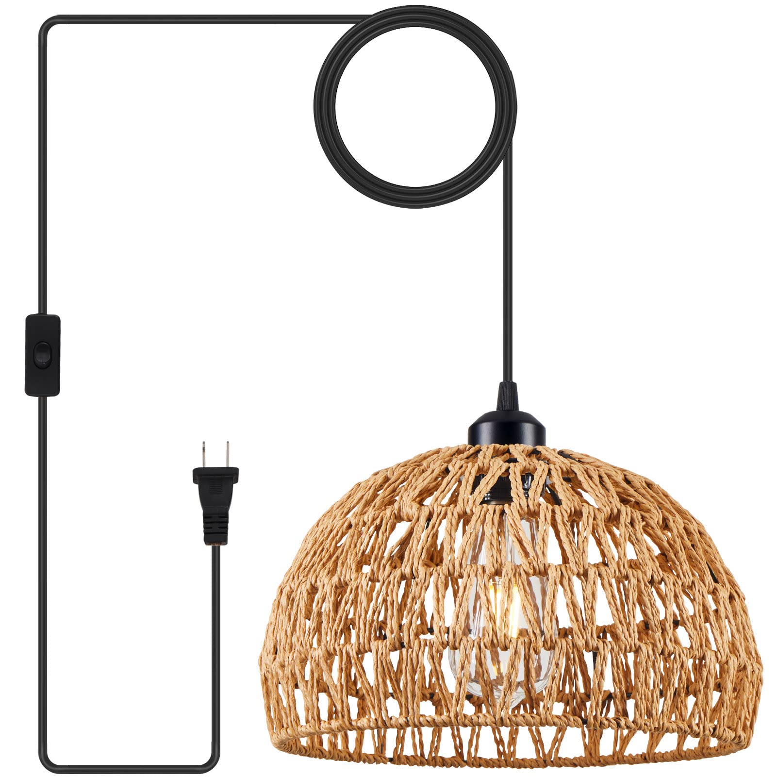 15 Ft Hemp Rope Plug-in Rattan Pendant Light - Boho Wicker Basket Lamp Shade with Plug-in Cord for Kitchen Island, Dining Room & Bedroom Lighting (Brown)
