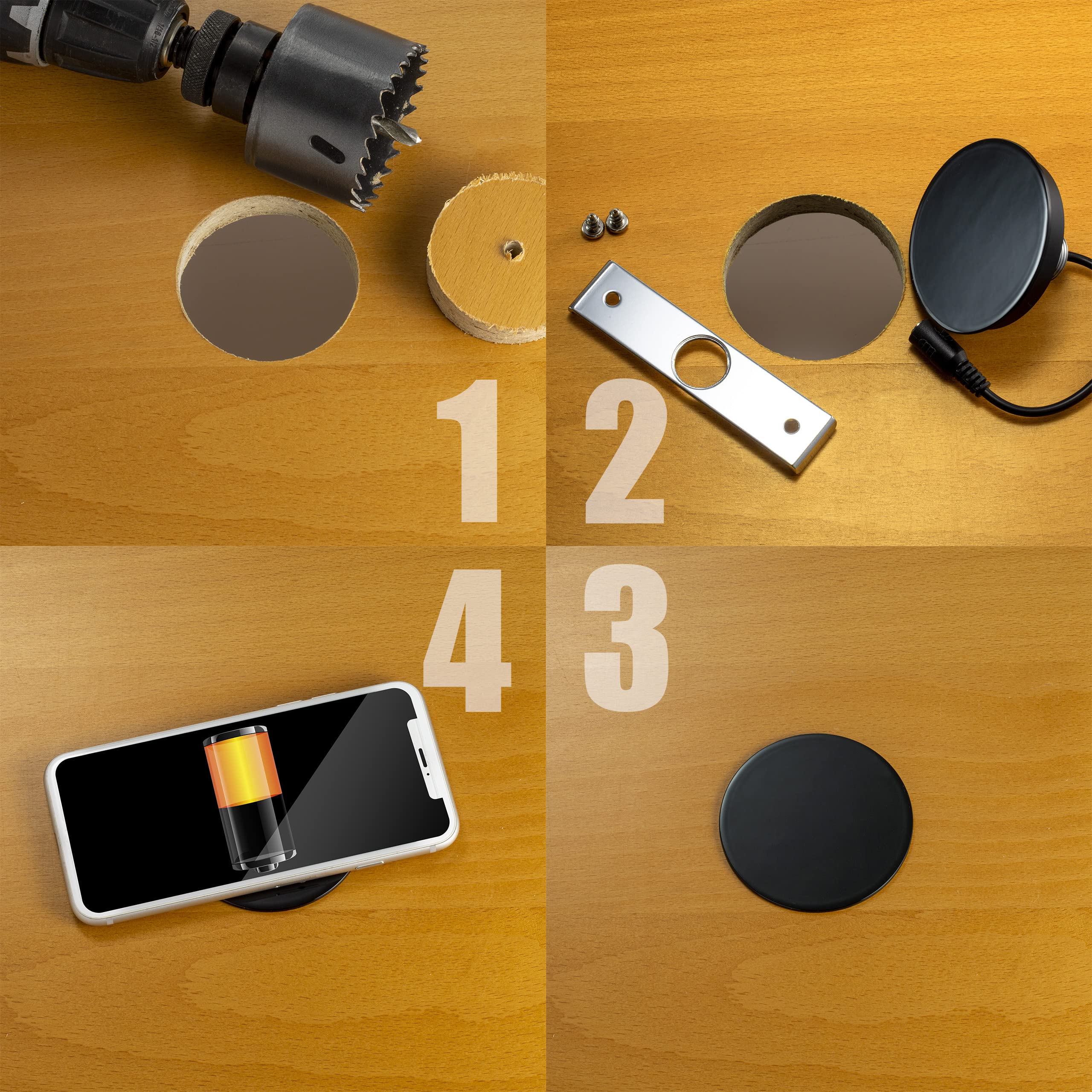 NTW WPC Certified Fast Wireless Charging Pad for Furniture - Qi-Compatible for iPhone, Samsung Galaxy, Nexus & More - Includes 4 Charging Pads + Hole Saw Kit - Perfect for Kitchen Countertops, Office Desks & Bedside Tables