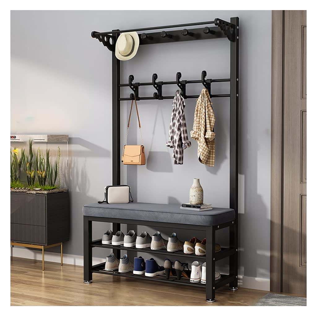 YAWEDA 4-in-1 Hall Tree Coat Rack with Shoe Storage Bench - 16 Hooks Entryway Organizer, Industrial Metal Frame Shoe Bench for Entryway, Mudroom & Foyer - Easy Assembly Home Furniture
