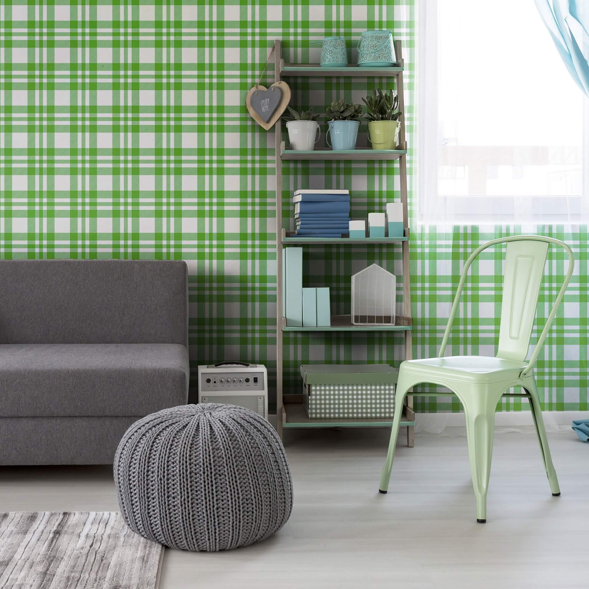 Green Plaid Peel and Stick Removable Wallpaper - Self-Adhesive Decorative Wall Covering for Bedroom, Living Room, or Office - Easy to Install & Remove