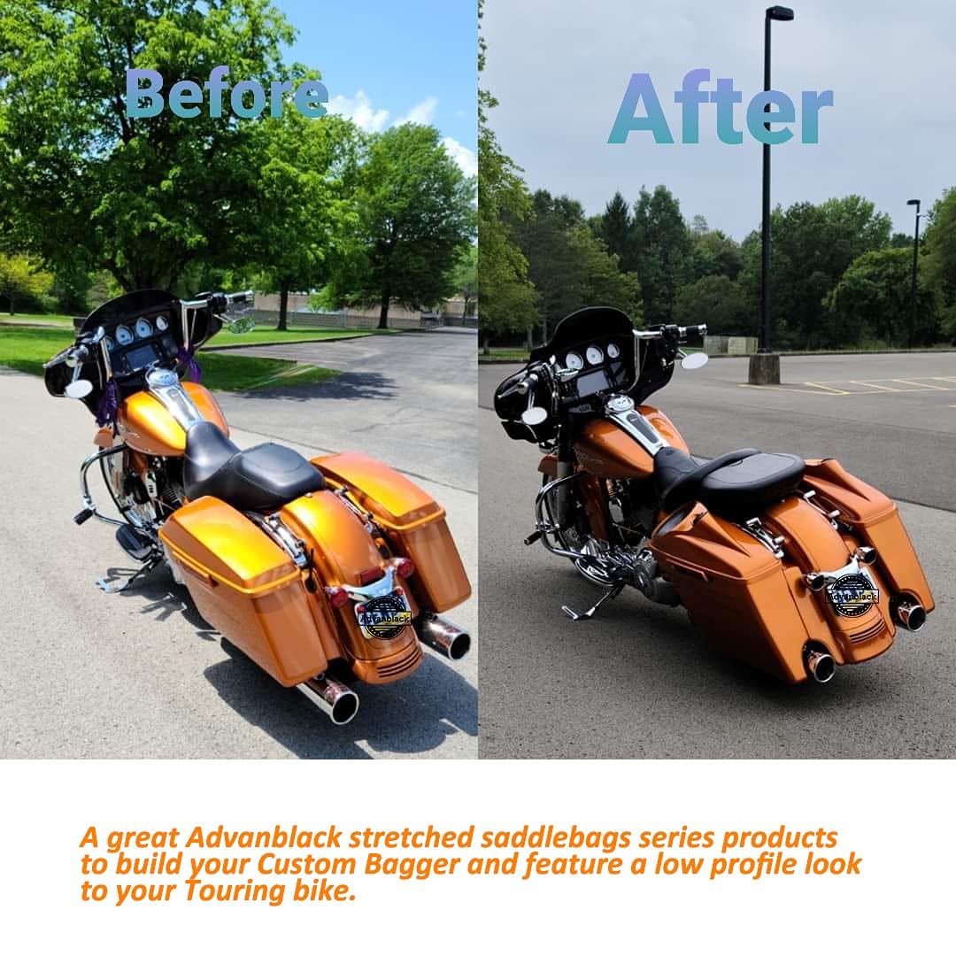 Advanblack Motorcycle Extended Saddlebags with Skid Plates - Fits 2014+ Harley Davidson Touring Models - Charcoal Pearl & Black Pinstripe Design - Waterproof Storage for Long Rides & Road Trips