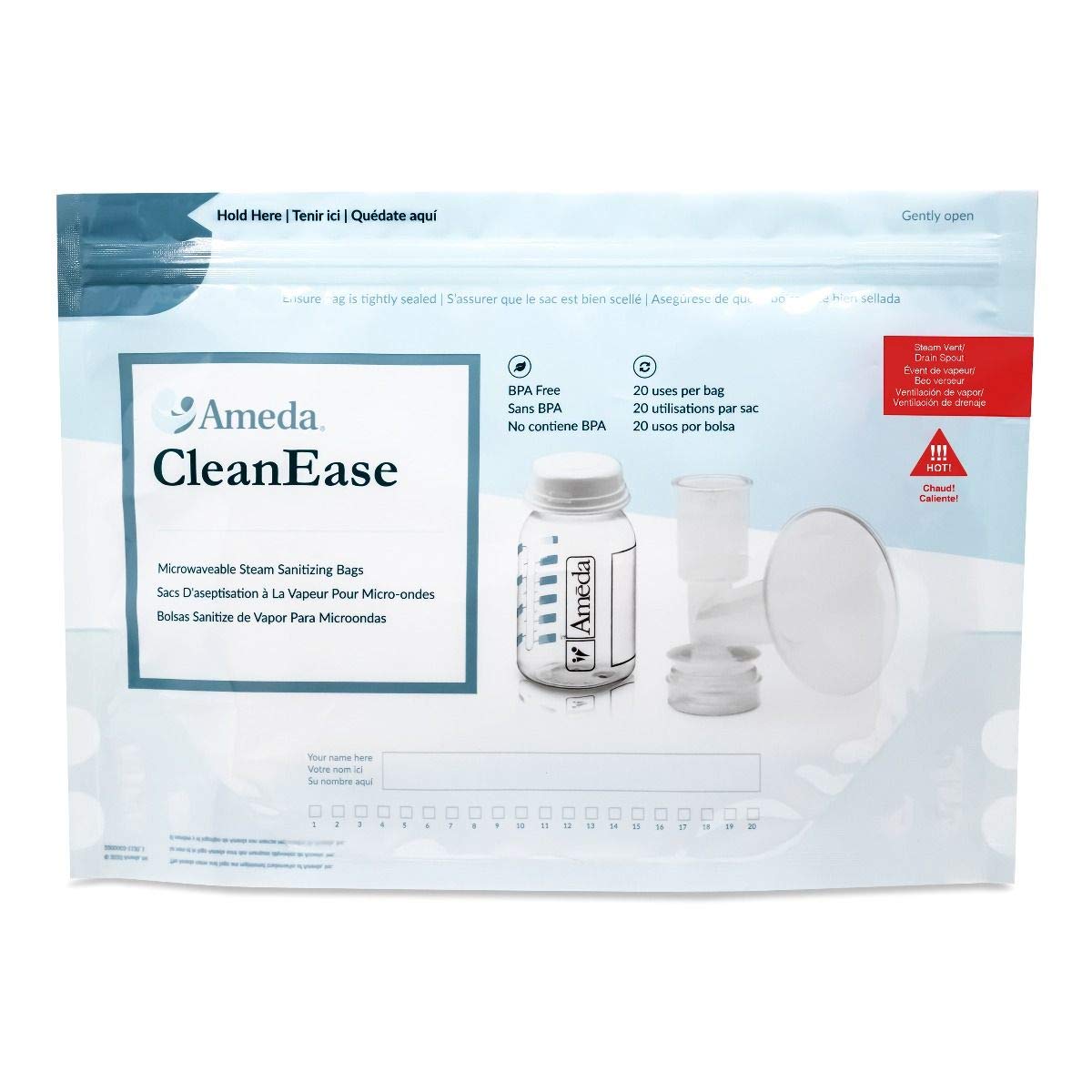 Ameda CleanEase Microwave Steam Sanitizer Bags - 100 Count, BPA Free, Reusable up to 20 Times per Bag - Perfect for Baby Bottles, Pacifiers & Breast Pump Parts Sterilization