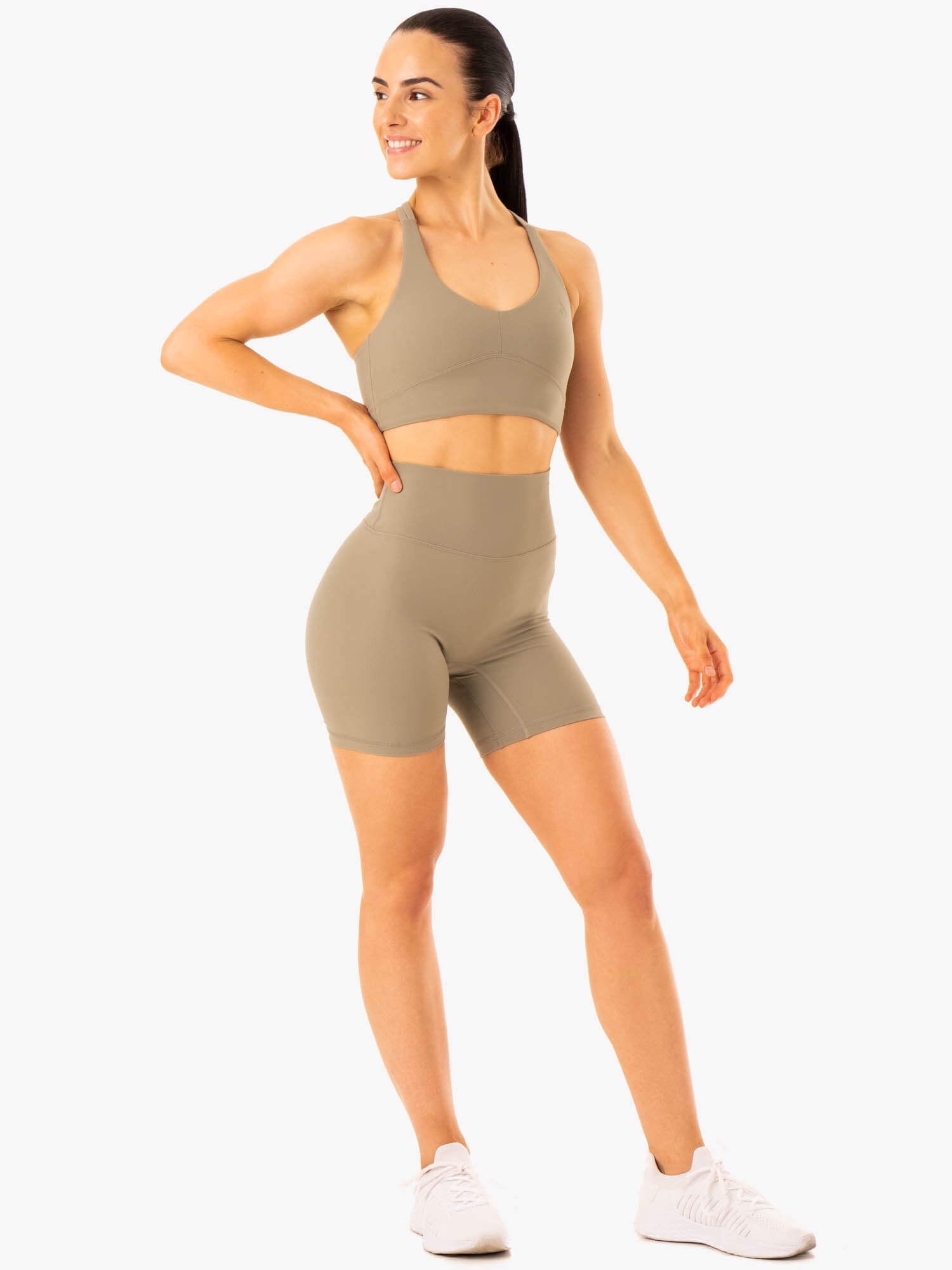 NKD Refine High Waisted Shorts for Women - Khaki Casual Summer Shorts | Comfortable Stretchy Denim Shorts for Beach, Travel & Everyday Wear