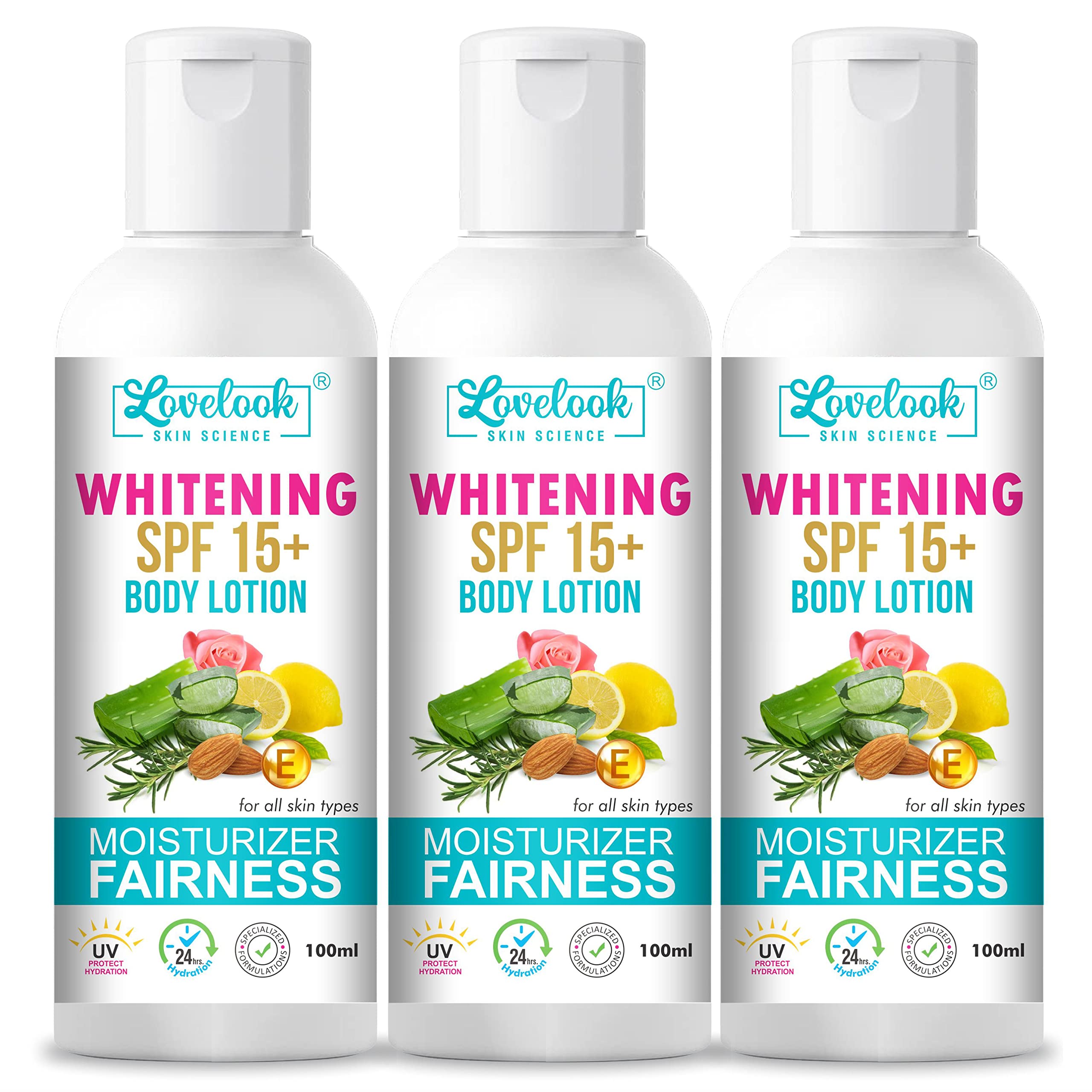 Lovelook Whitening Body Lotion SPF 15+ | Moisturizing & Brightening Cream for Face, Hands & Body | 100ml x 3 Pack | Perfect for Daily Hydration & Sun Protection
