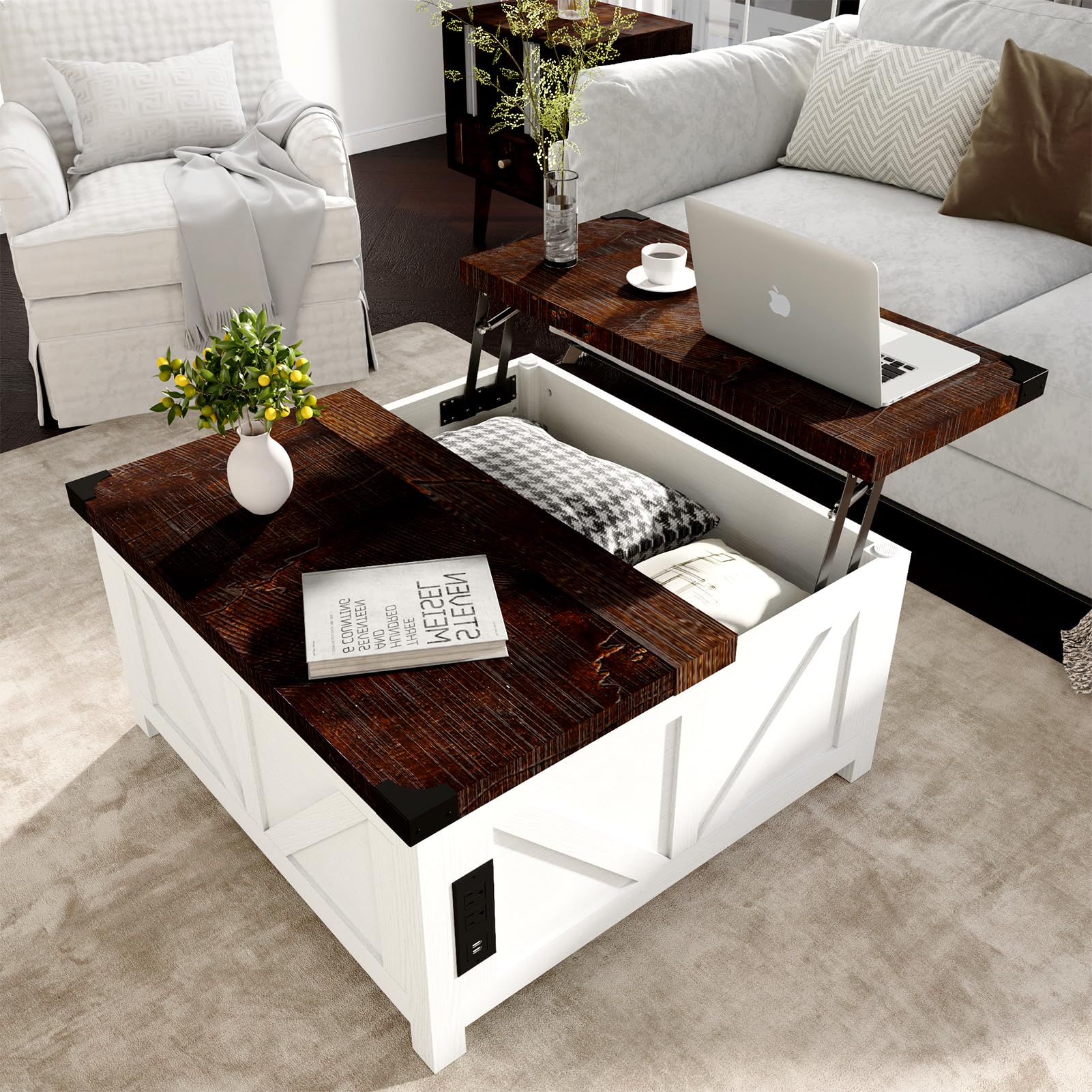 Farmhouse Lift Top Coffee Table with Storage - Wood Square Center Table with Charging Station & USB Ports - Large Hidden Compartment - Perfect for Living Room, Bedroom, Home Office - Ideal for Entertaining, Remote Work & Small Space Storage