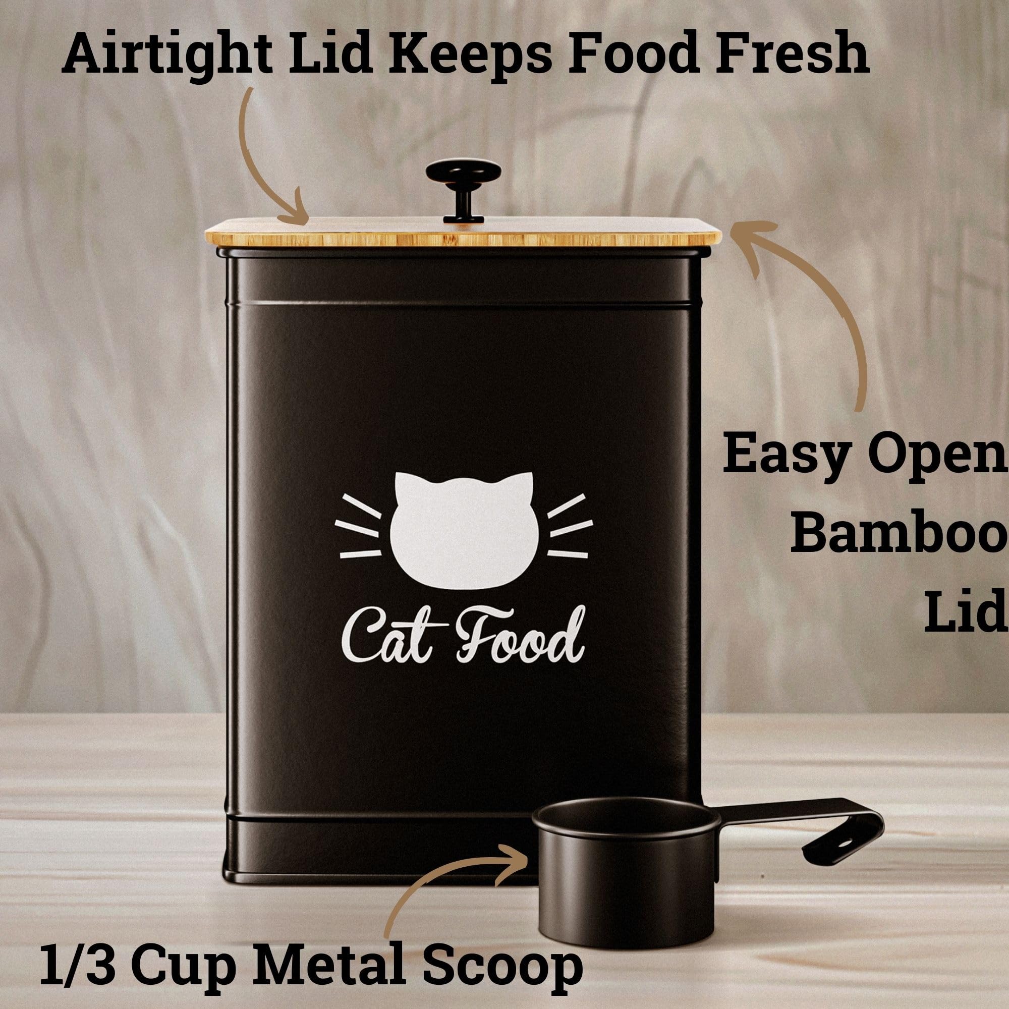 Airtight Cat Food Storage Container with Scoop - 5-10 lb (25 Cup) Capacity Metal Pet Food Bin with Bamboo Lid & Measuring Scoop - Perfect for Dry Kibble Storage in Kitchens, Pantries or Pet Feeding Areas
