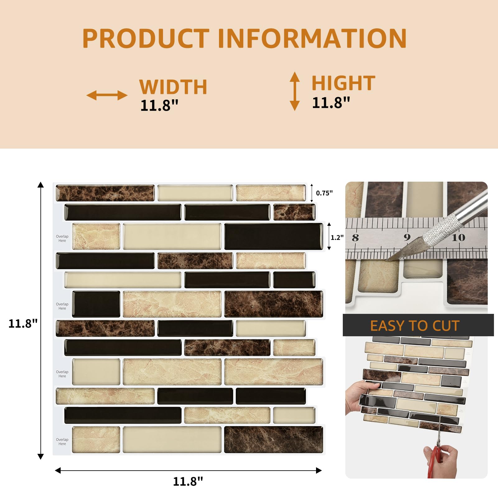 WOWSTAR 10-Sheet Peel and Stick Backsplash Tile - Self-Adhesive Kitchen Wall Tile in Sand Color - Easy DIY Upgrade for Kitchen, Bathroom & Laundry Room Backsplash