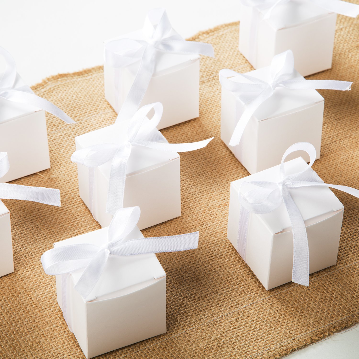 AWELL 2x2x2 Inches White Gift Candy Boxes with Ribbon - Bulk Pack of 50 - Perfect for Birthday Parties, Baby Showers & Wedding Favors