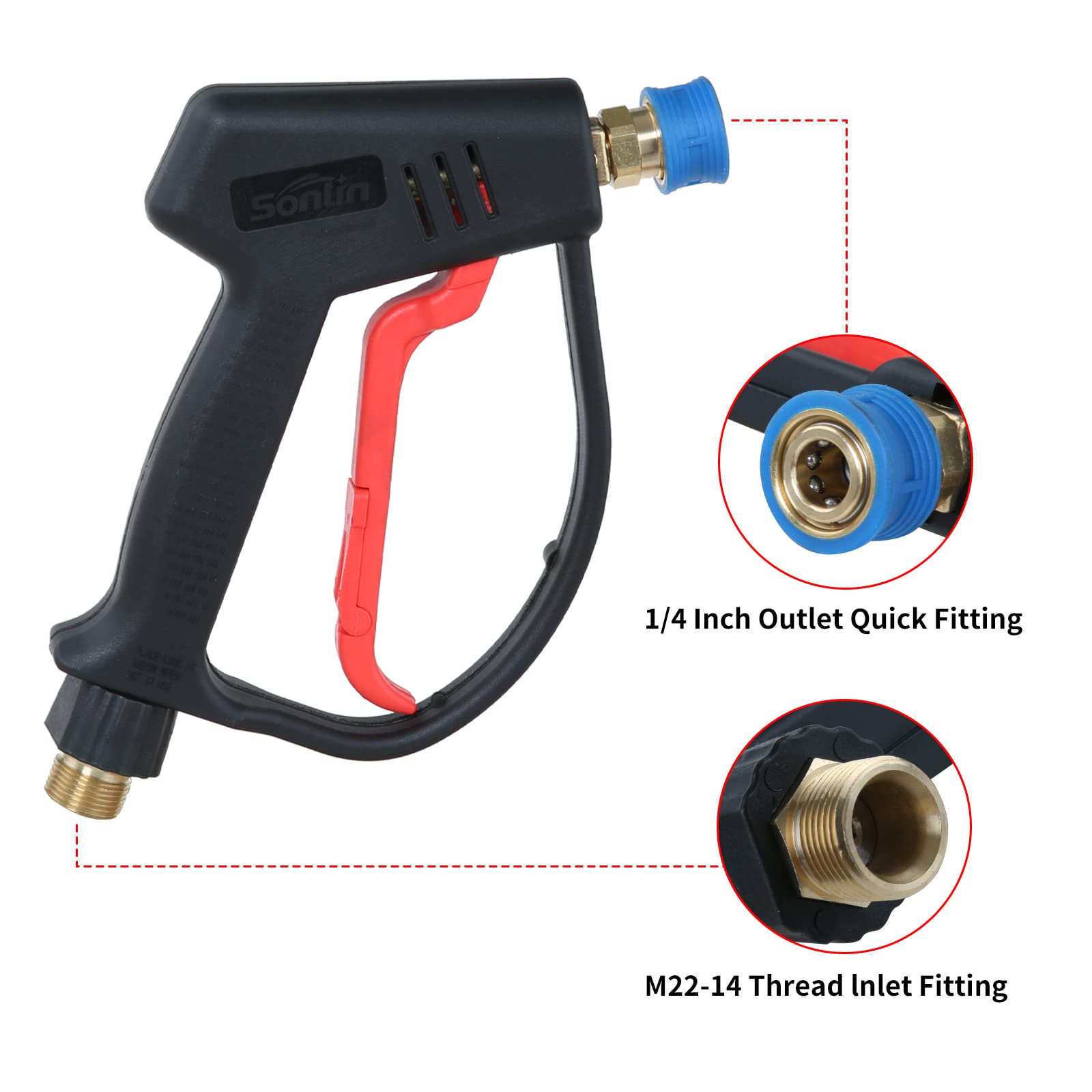 Sooprinse Short Wand Pressure Washer Gun - 4000 PSI High Power Washer with 1/4 Inch Quick Connect & 360° Swivel M22 Inlet Thread - Perfect for Car Washing, Deck Cleaning, and Outdoor Surface Maintenance