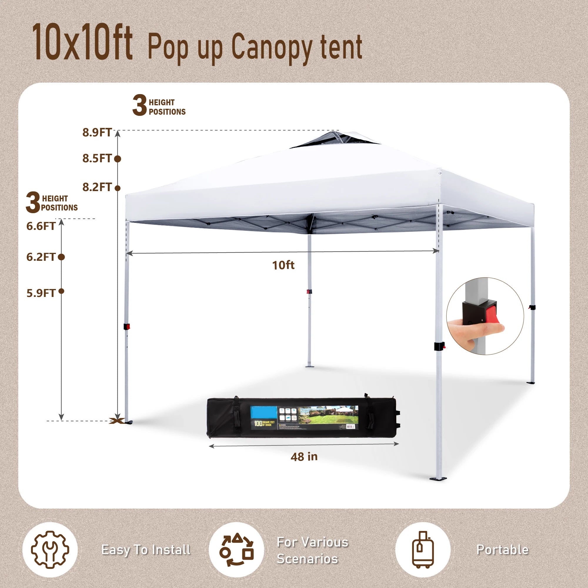 PHI VILLA 10'x10' Pop Up Canopy Tent - 3 Adjustable Heights, Portable Instant Shelter with Carry Bag - Perfect for Outdoor Events, Camping, Picnics, and Beach Parties