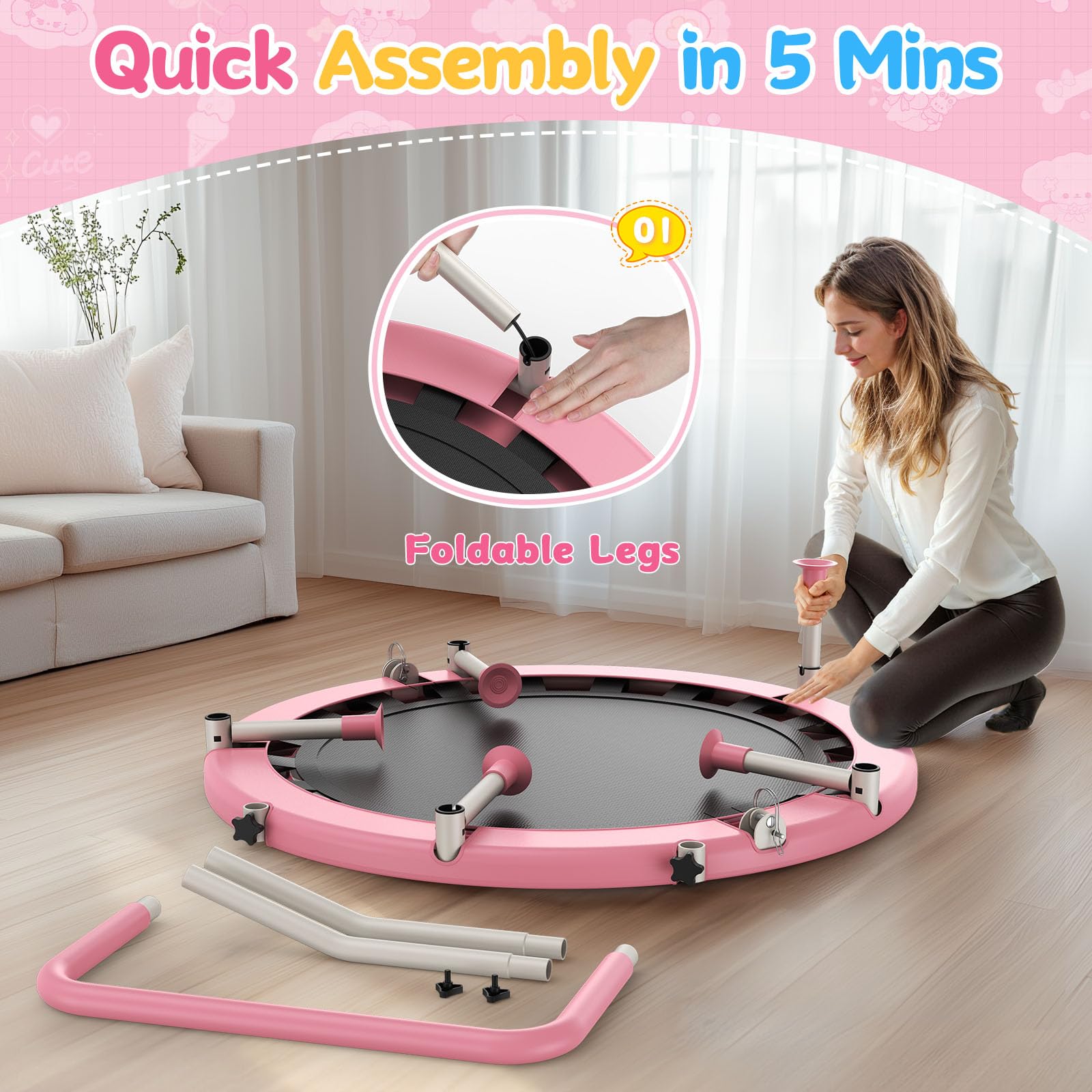 BCAN 36'' Foldable Toddler Trampoline with Adjustable Handle - Safe Mini Trampoline for Kids Ages 1-6 - Indoor/Outdoor Baby Jumping Toy with Safety Pad & Foldable Legs - Perfect Gift for Boys & Girls - Ideal for Playrooms, Backyards & Birthday Parties