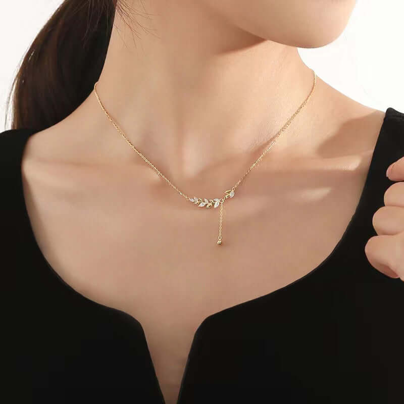 Marquise Olive Branch Leaf Y Necklace - Elegant Sterling Silver Pendant for Women | Perfect for Weddings, Anniversaries & Everyday Wear | R8236