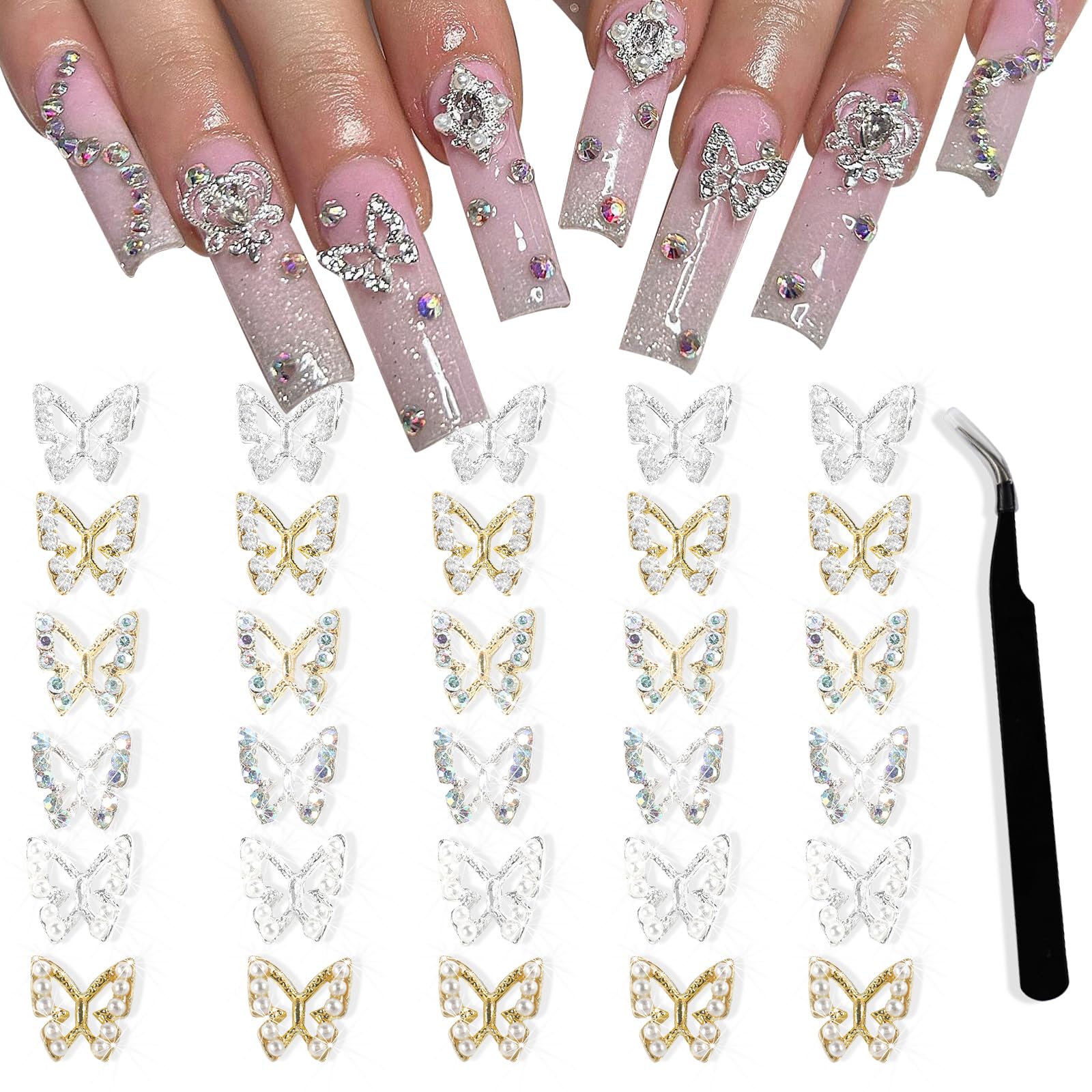 30Pcs Alloy Butterfly Nail Charms - 3D Metal Butterfly Nail Gems with Rhinestones for Acrylic Nails | Shiny Crystal Nail Art Decorations with Tweezer | Perfect for DIY Manicure, Nail Salon & Party Nail Designs