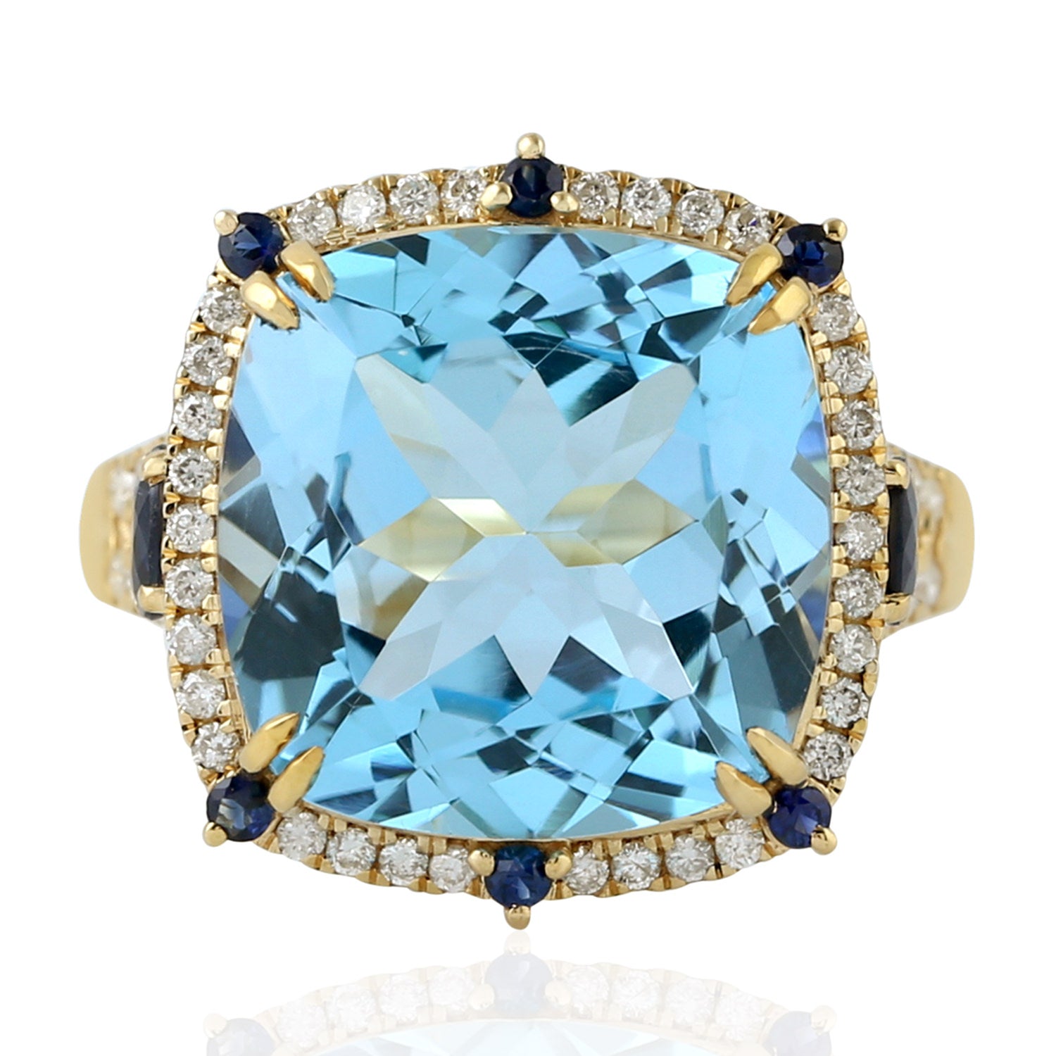 Exquisite Cushion Cut Blue Topaz & Sapphire Pave Diamond Cocktail Ring in 14K Gold | Elegant Statement Jewelry for Evening Parties, Weddings & Special Occasions