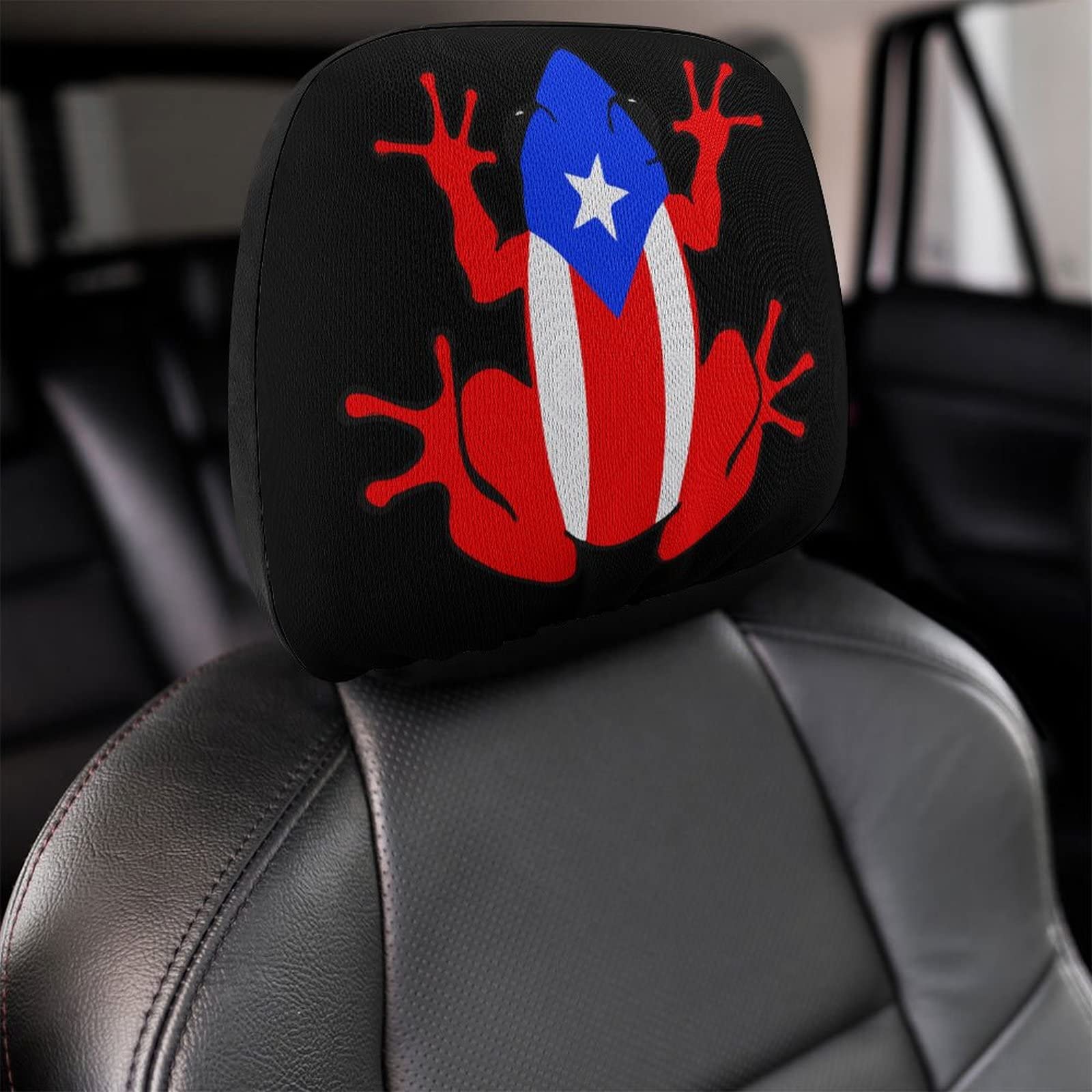 Puerto Rico Flag Frog Car Seat Headrest Cover - Funny Printed Protector for Interior Accessories & Decoration | Perfect for Car Enthusiasts & Puerto Rican Pride