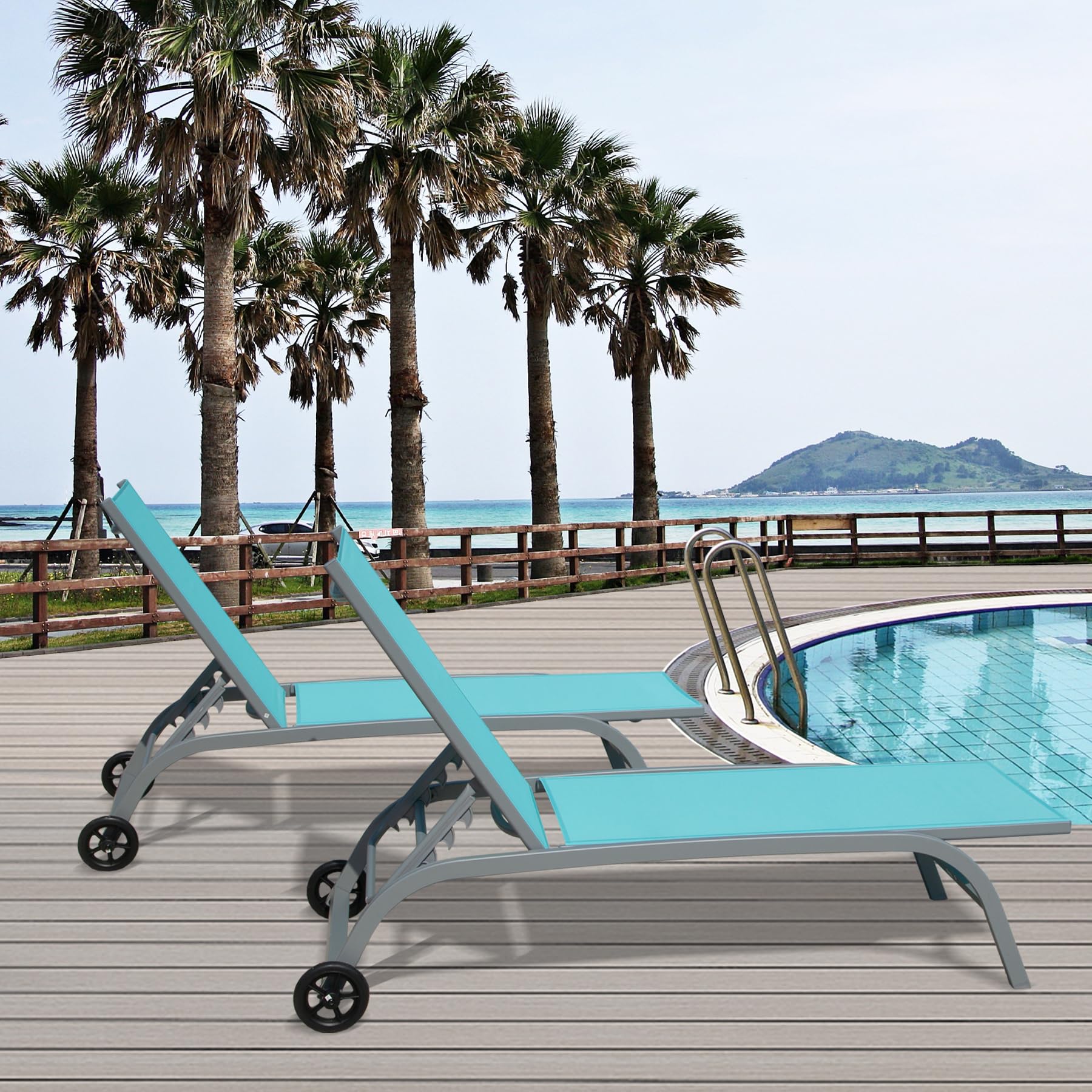 **Domi Chaise Lounge Outdoor Set of 2 - Adjustable Poolside Lounge Chairs with Wheels, 5-Position Reclining for Patio, Yard, Deck - Turquoise Blue - Perfect for Sunbathing & Relaxing by the Pool**