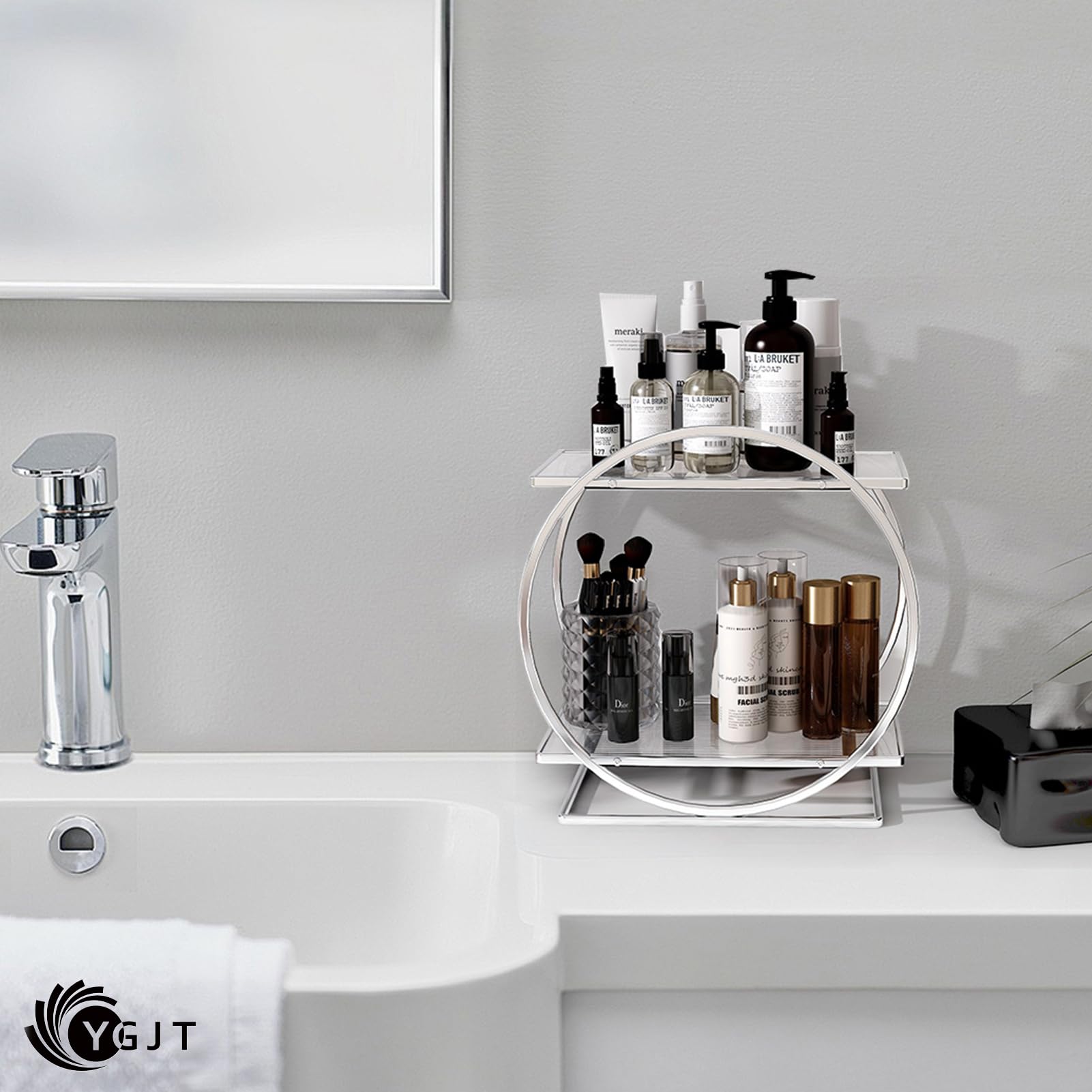 2-Tier Bathroom Counter Organizer - Vanity Makeup & Skincare Display Tray, Perfume Holder for Dresser - Silver Cosmetic Organizer Rack (Perfect for Bathroom Vanity, Bedroom Dresser & Gift for Women)