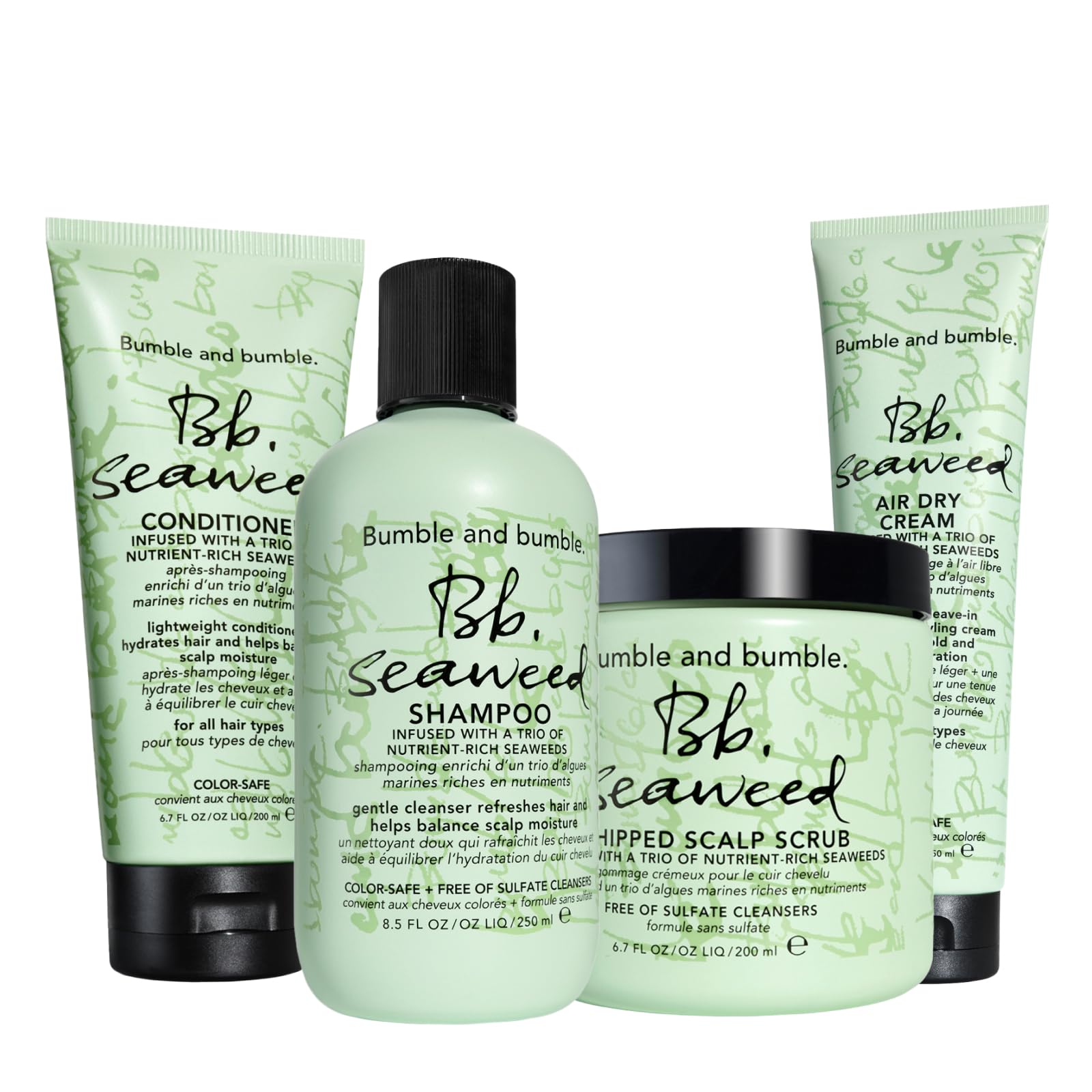 Bumble and Bumble Seaweed Nourishing Shampoo & Conditioner Set with Air Dry Styling Cream & Whipped Scalp Scrub | Hydrating Hair Care Kit for Dry, Damaged Hair | Perfect for Beach Waves, Daily Styling & Scalp Care