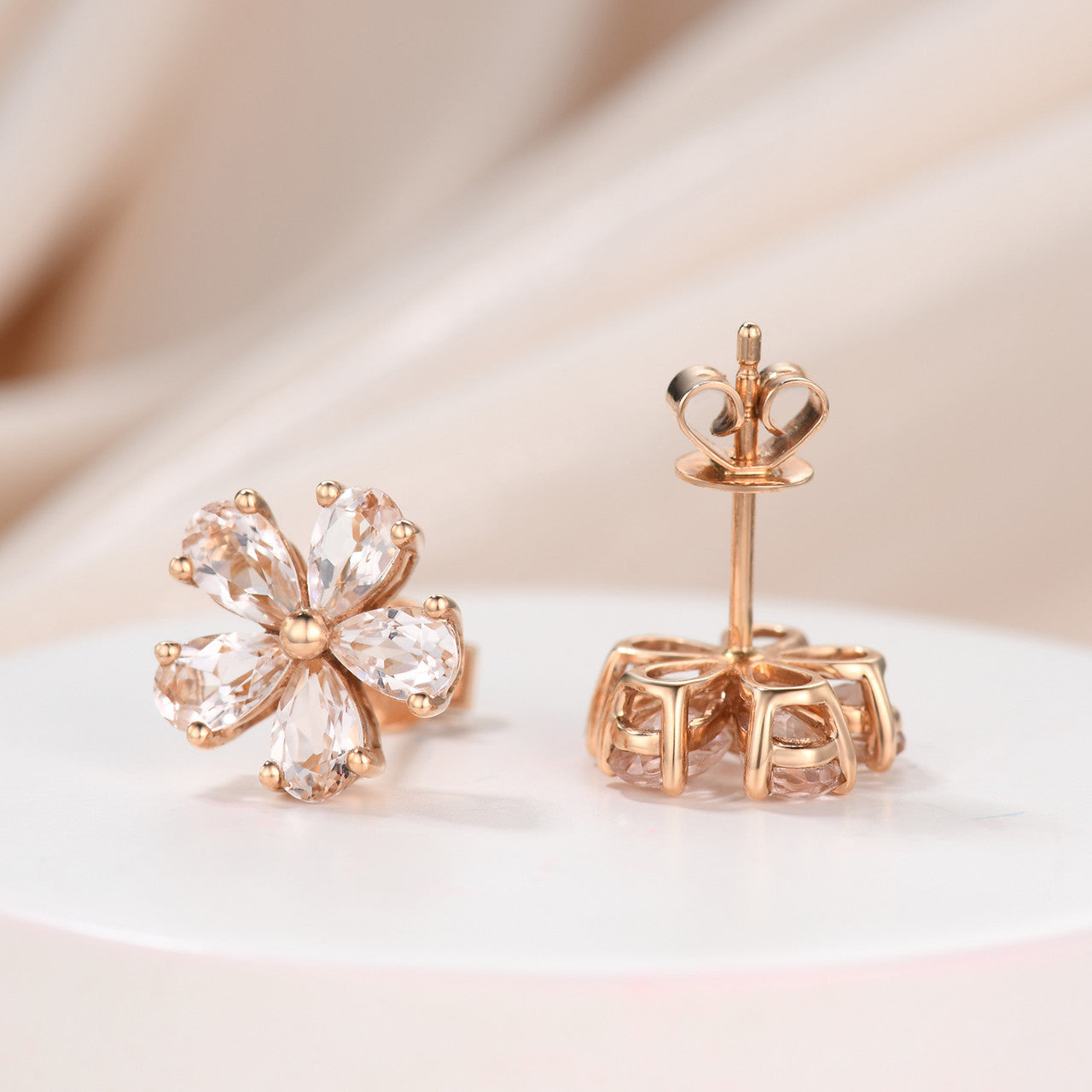 5 Petal Pear Cut Natural Morganite Stud Earrings in Sterling Silver - Dainty Prong Setting for Women, Perfect for Weddings, Parties & Everyday Elegance