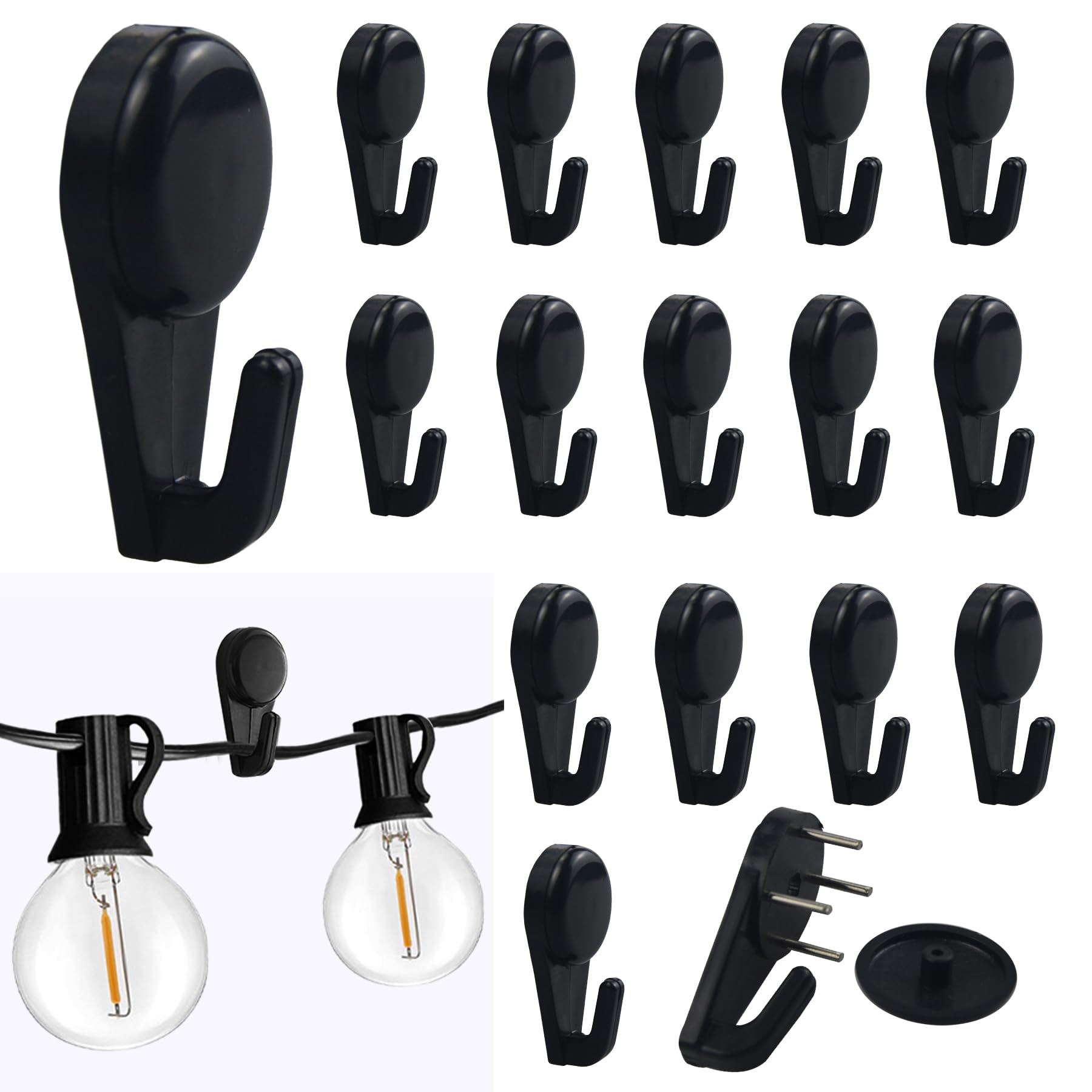 30 Pack Heavy Duty Light Hooks for Concrete Walls - Small Utility Wall-Mount Hangers for Outdoor String Lights, Hanging Plants, Shelves & Picture Tapestry - Durable for Wood, Cement & Stucco - Perfect for Patio, Garden & Home Decor (Black)