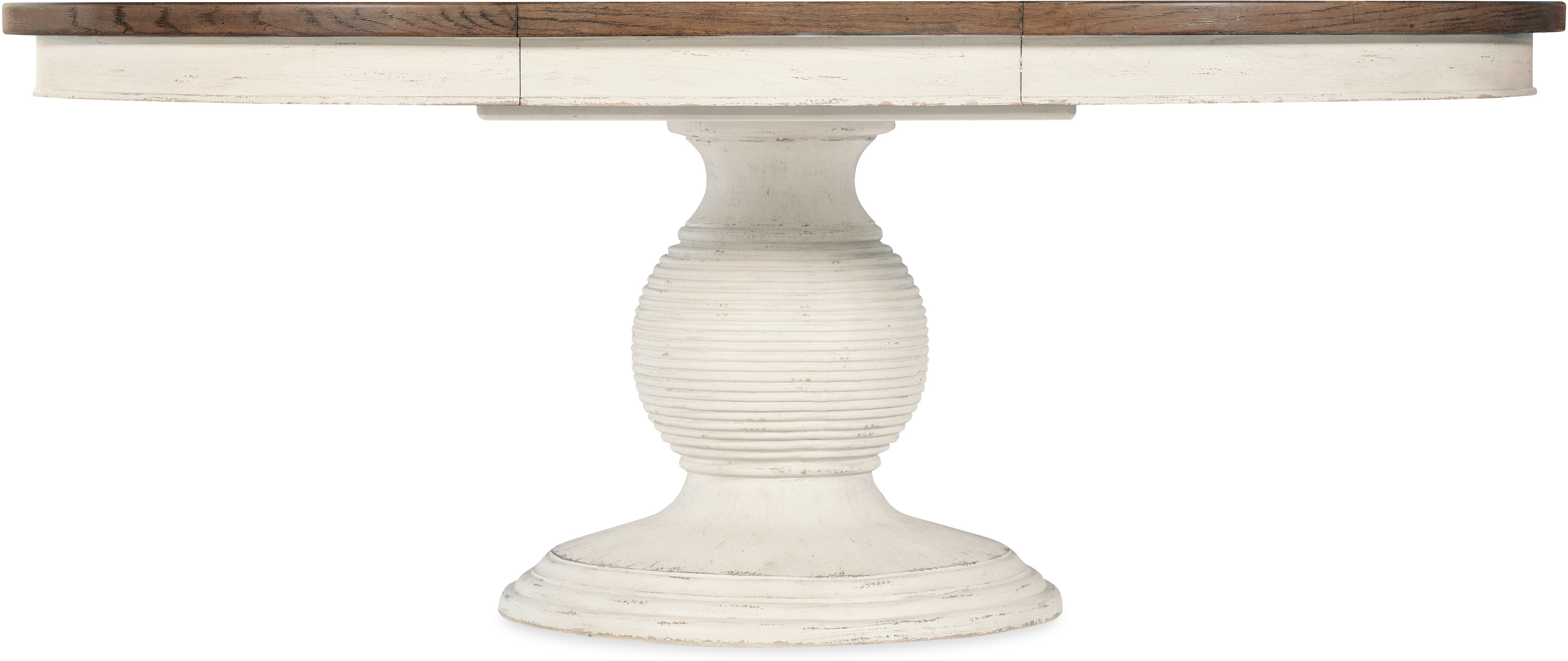Americana Round Pedestal Dining Table with 22-inch Extension Leaf in White, Cream & Beige - Perfect for Small Space Dining Rooms & Kitchen Breakfast Nooks