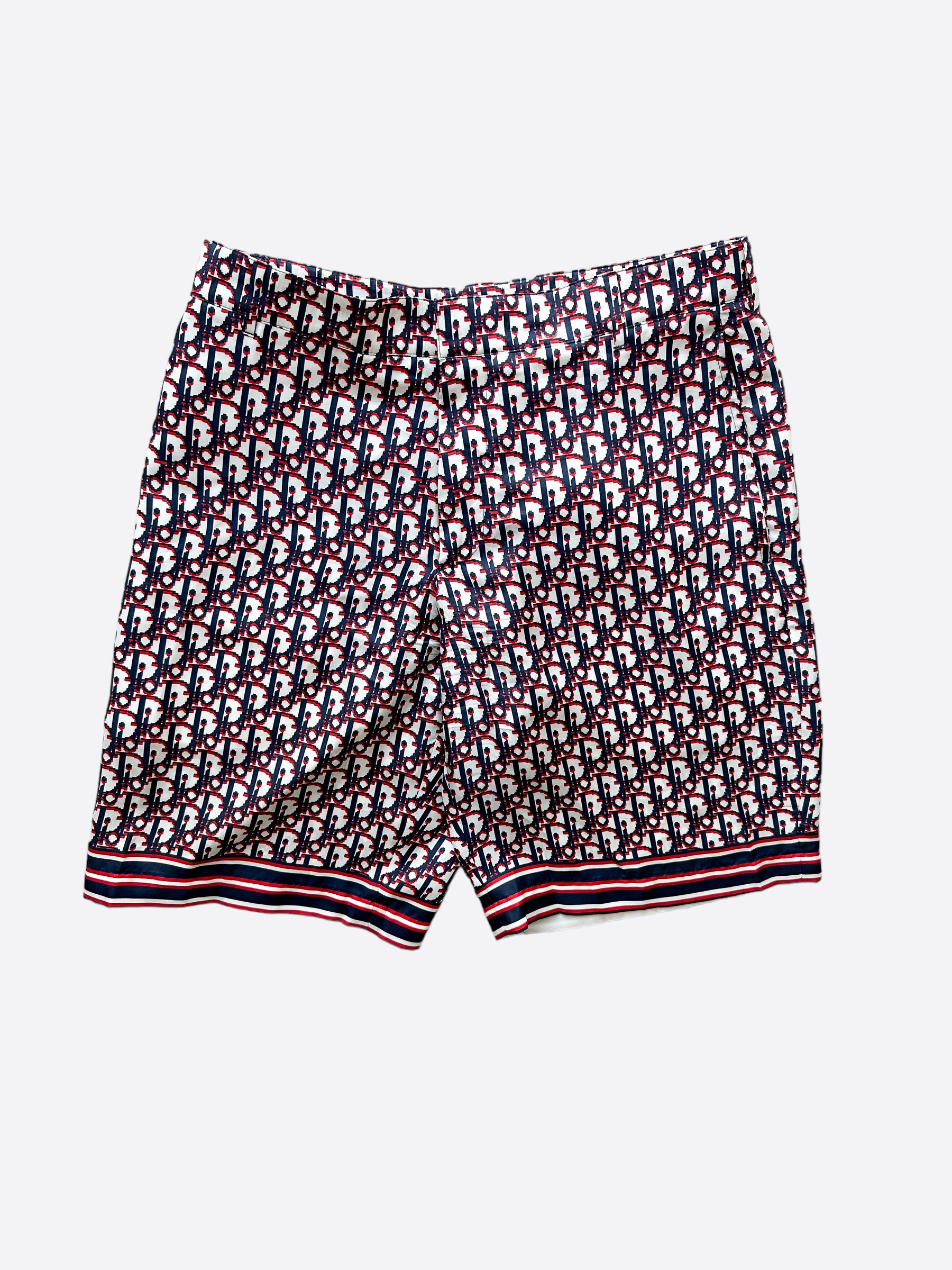 Dior Blue & Red Pixel Oblique Bermuda Silk Shorts for Men - Luxury Designer Swimwear & Beachwear - Perfect for Summer Vacations, Pool Parties, and Resort Getaways