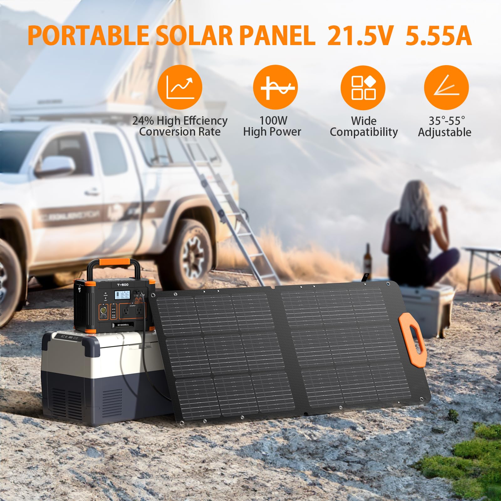 Grecell 100W Portable Foldable Solar Panel with Fast Charging - 21.5V Solar Charger for Power Stations, Generators, RV, Van - Adjustable Kickstand & Durable Solar Cell for Outdoor Camping, Hiking, Emergency Power Supply