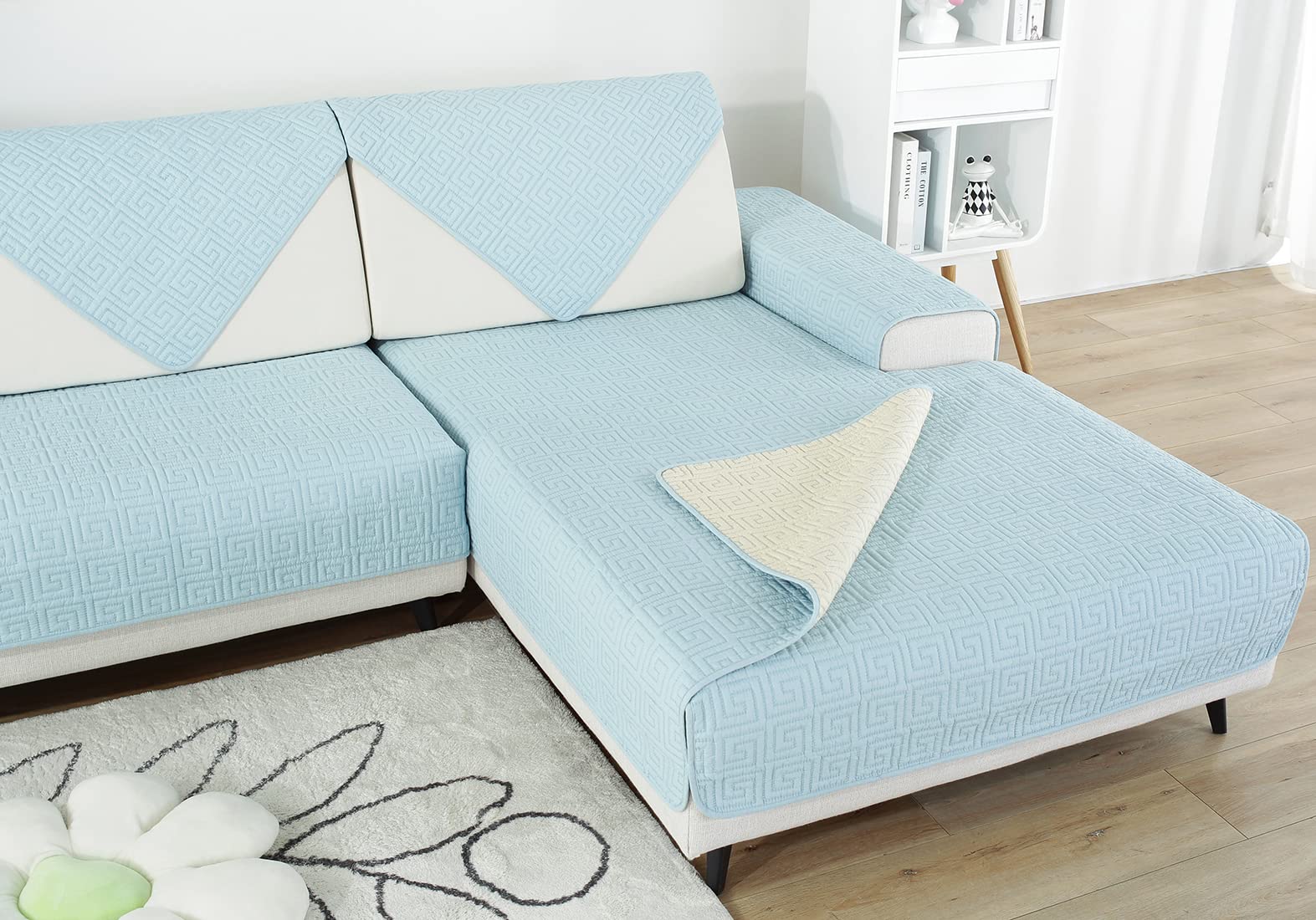 Geometric Embroidery Cotton Sofa Cover - Non-Slip Quilted Sectional Couch Protector - Farmhouse Style Solid Blue Sofa Slipcover (36