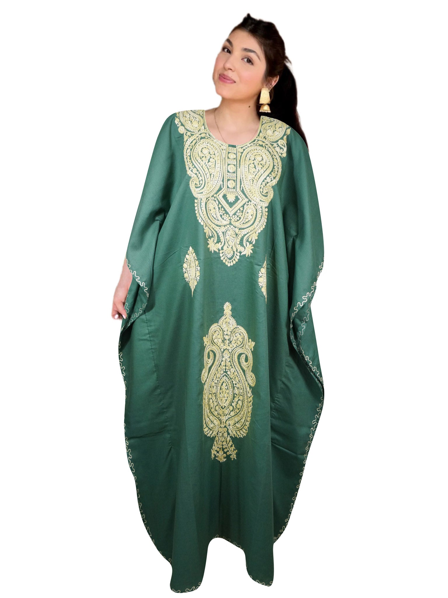 Handmade Green Floral Embroidered Kimono Maxi Dress for Women - Plus Size L 2X - Perfect for Beach Cover Up, Summer Vacation & Boho Chic Outfits