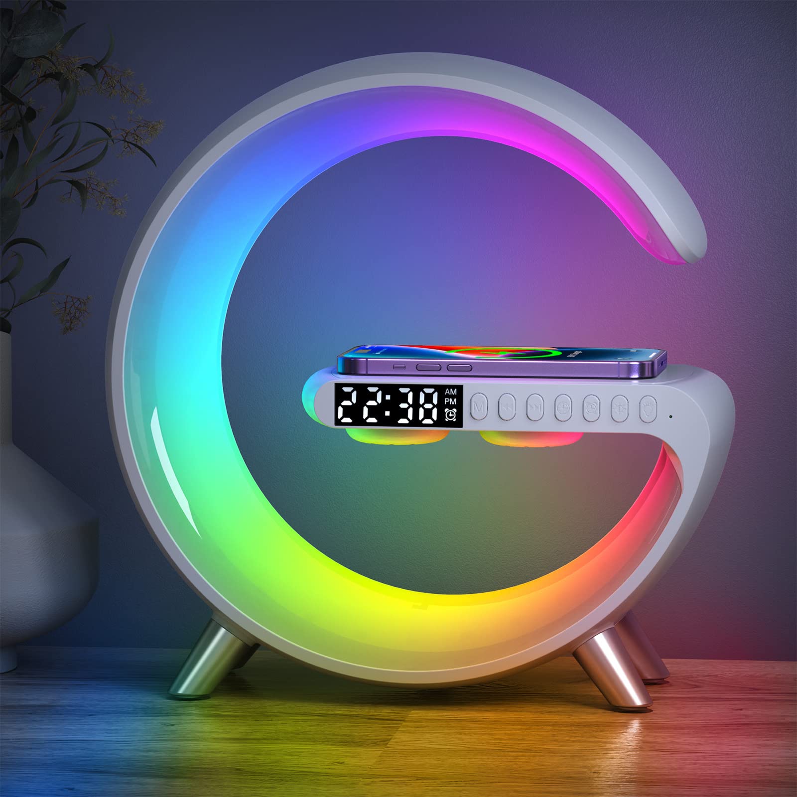 BKDRL Bluetooth Speaker Lamp with Wireless Charger - RGB Night Light, Alarm Clock, App Control - White | Perfect for Bedroom, Office & Home Decor
