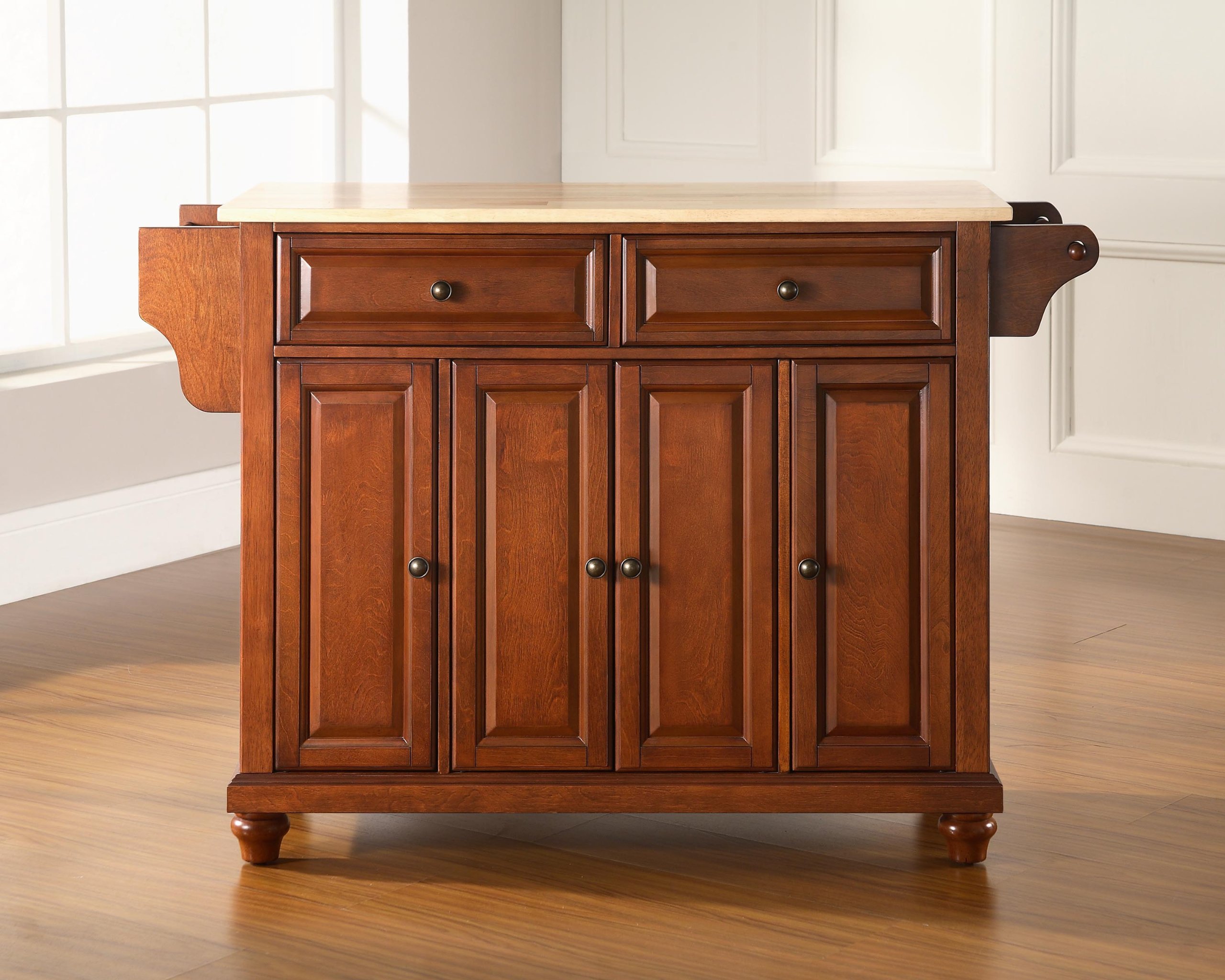 Crosley Cambridge Wood Top Rolling Kitchen Island Cart with Storage - Microwave Stand, Spice Rack, Cherry Finish - Perfect for Small Kitchens, Pantry Organization & Mobile Cooking Station