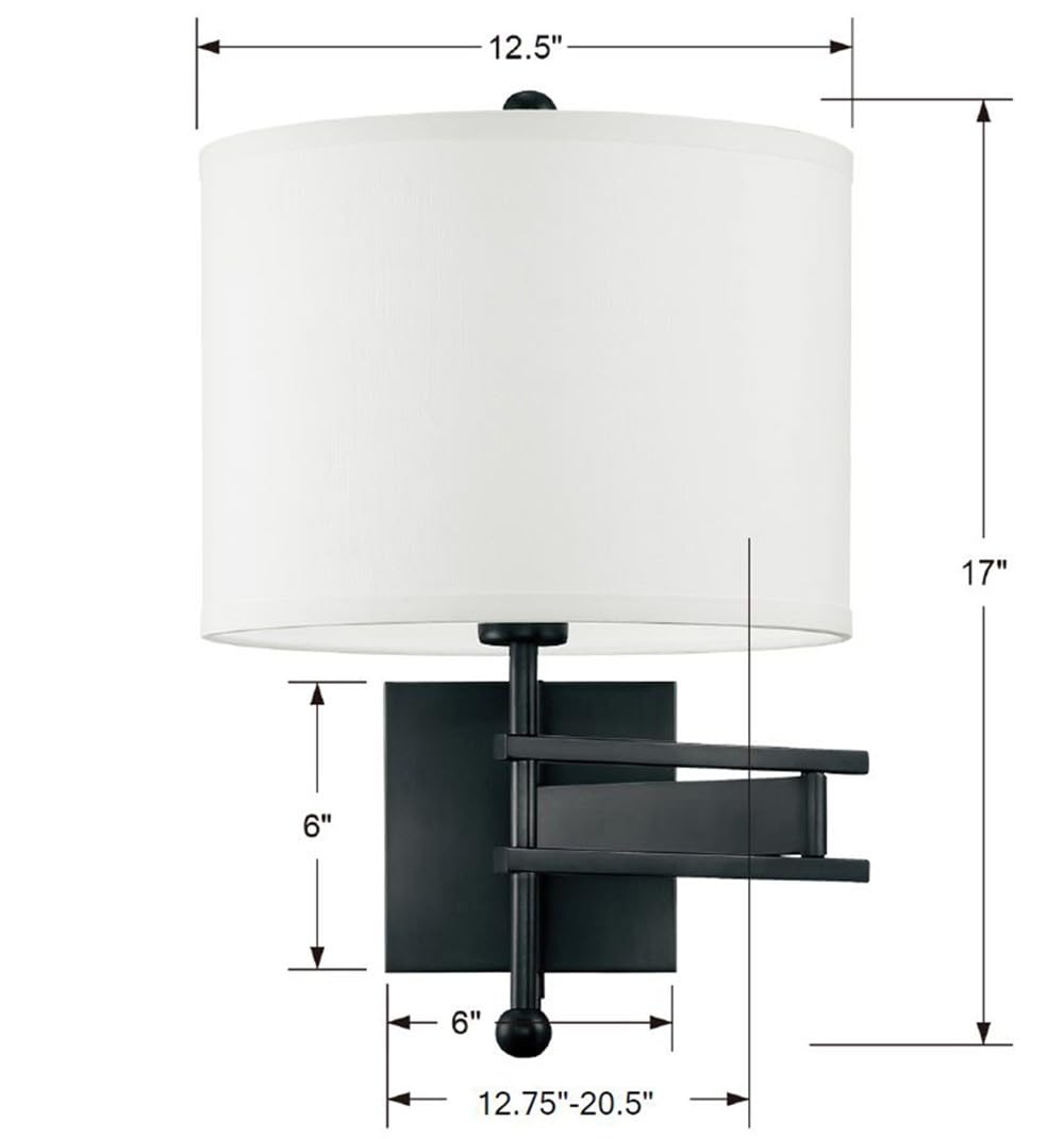 Crystorama Marshall 1-Light Matte Black Wall Sconce - Modern Task Lighting for Bedroom, Hallway & Office Decor