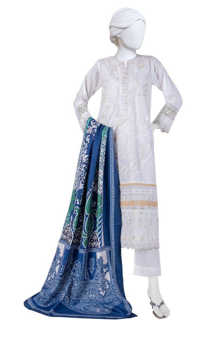 Premium Cambric White Unstitched Suit by J. Junaid Jamshed - Elegant Formal Wear for Weddings & Special Occasions