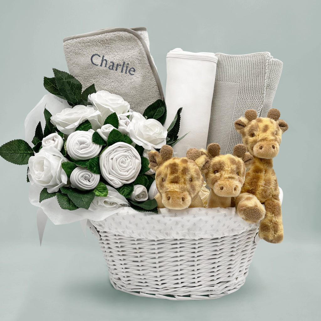 Personalized Three Little Giraffes Luxury Baby Gift Hamper Set - Neutral Gender Newborn Essentials for Shower, Christening & Welcome Home Celebrations