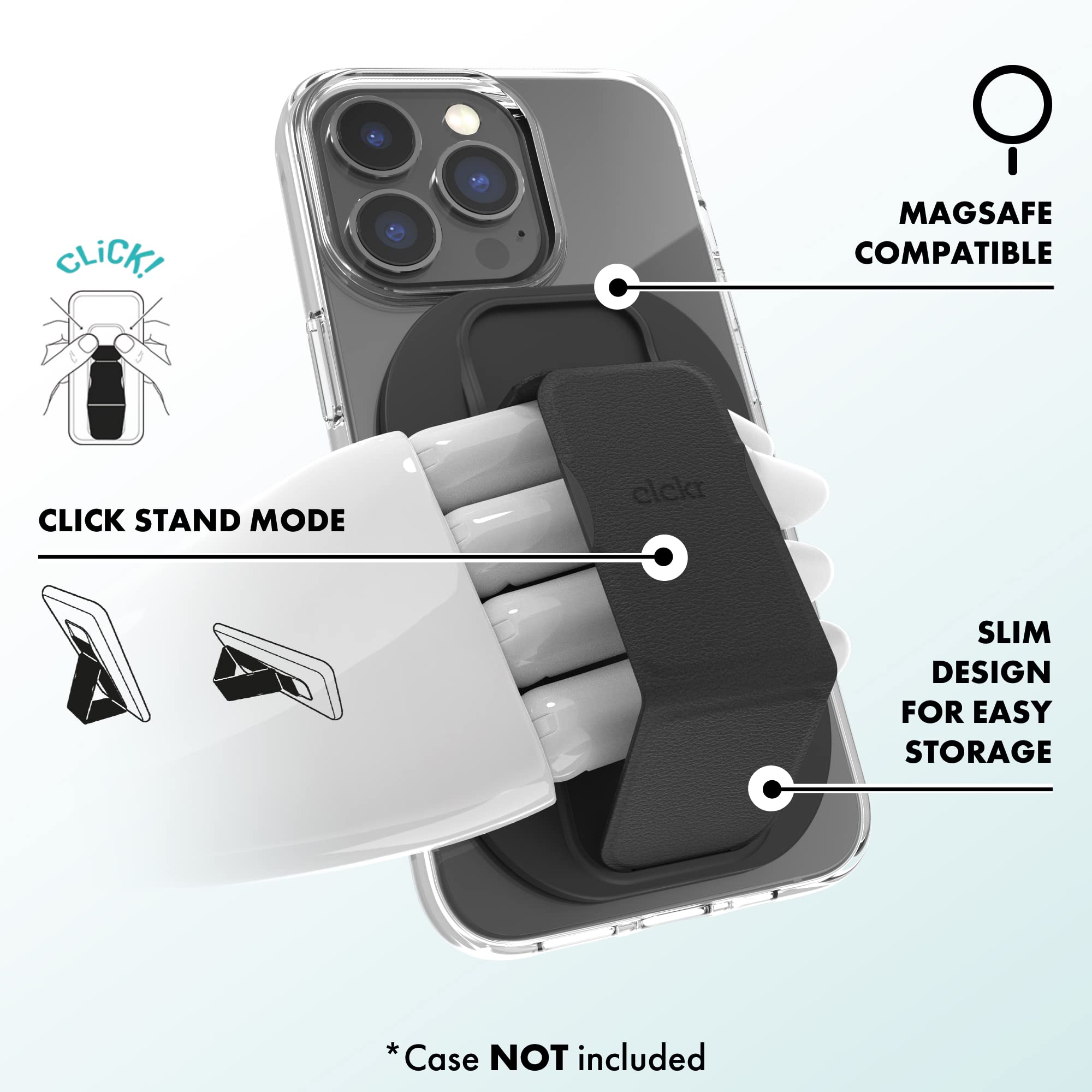 Magnetic Phone Kickstand for iPhone 12/13 Series - 3500G Strong MagSafe Compatible Holder with Removable Grip & Finger Strap | Perfect for Hands-Free Viewing, Gaming, and Video Calls (Black)