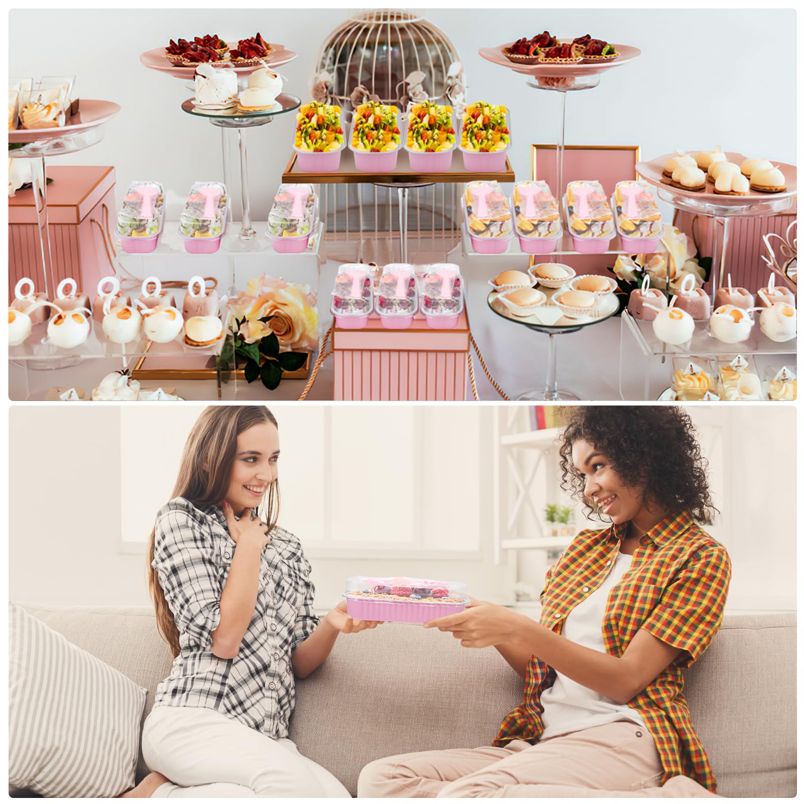 25-Pack Pink Mini Cake Pans with Lids - 6.8Oz Aluminum Foil Loaf Pans, Spoons & Stickers Included - Individual Dessert Containers for Baking, Parties, Picnics & Holiday Treats - Perfect for Cupcakes, Brownies & Small Desserts