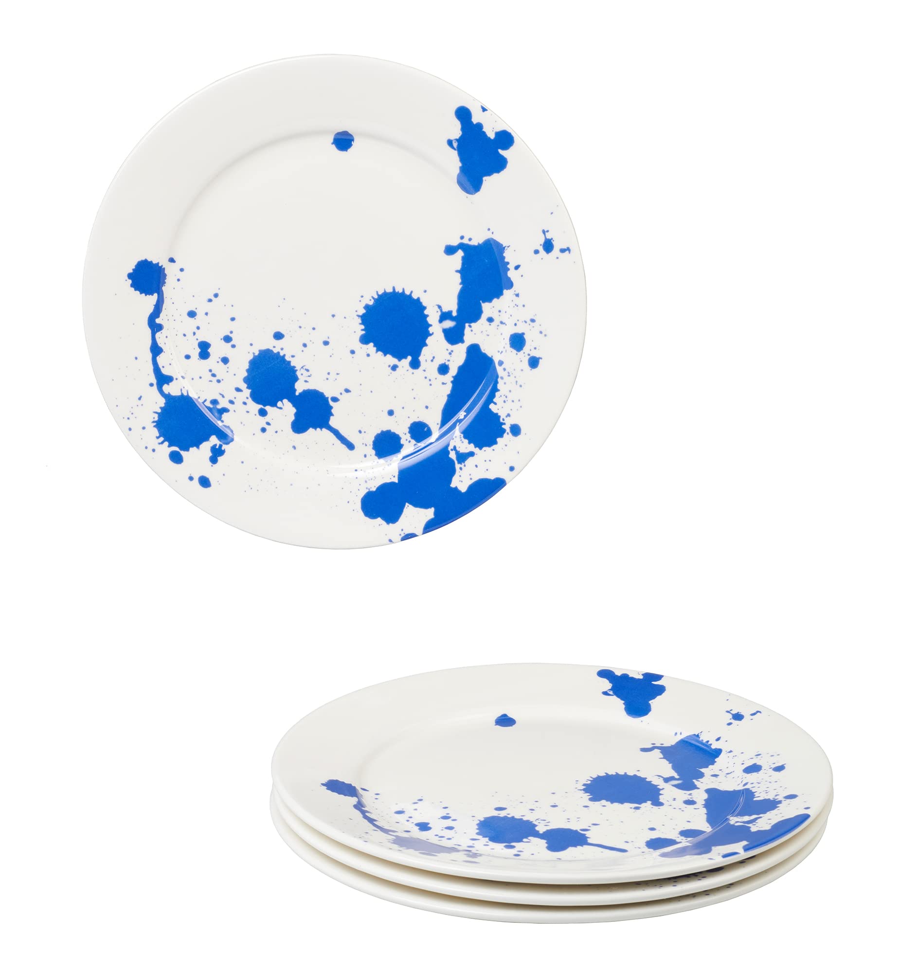 Servappetit Set of 4 White Dinner Plates with Blue Accents - 11 Inch Ceramic Plates, Oven, Microwave & Dishwasher Safe - Perfect for Family Dinners, Parties & Everyday Use