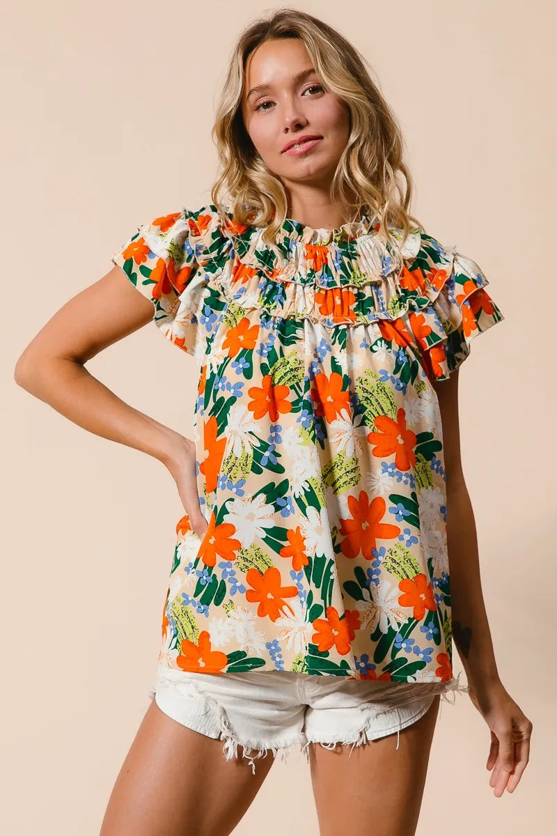 BiBi Women's Floral Print Woven Blouse - Casual Short Sleeve Summer Tops for Beach, Vacation & Everyday Wear