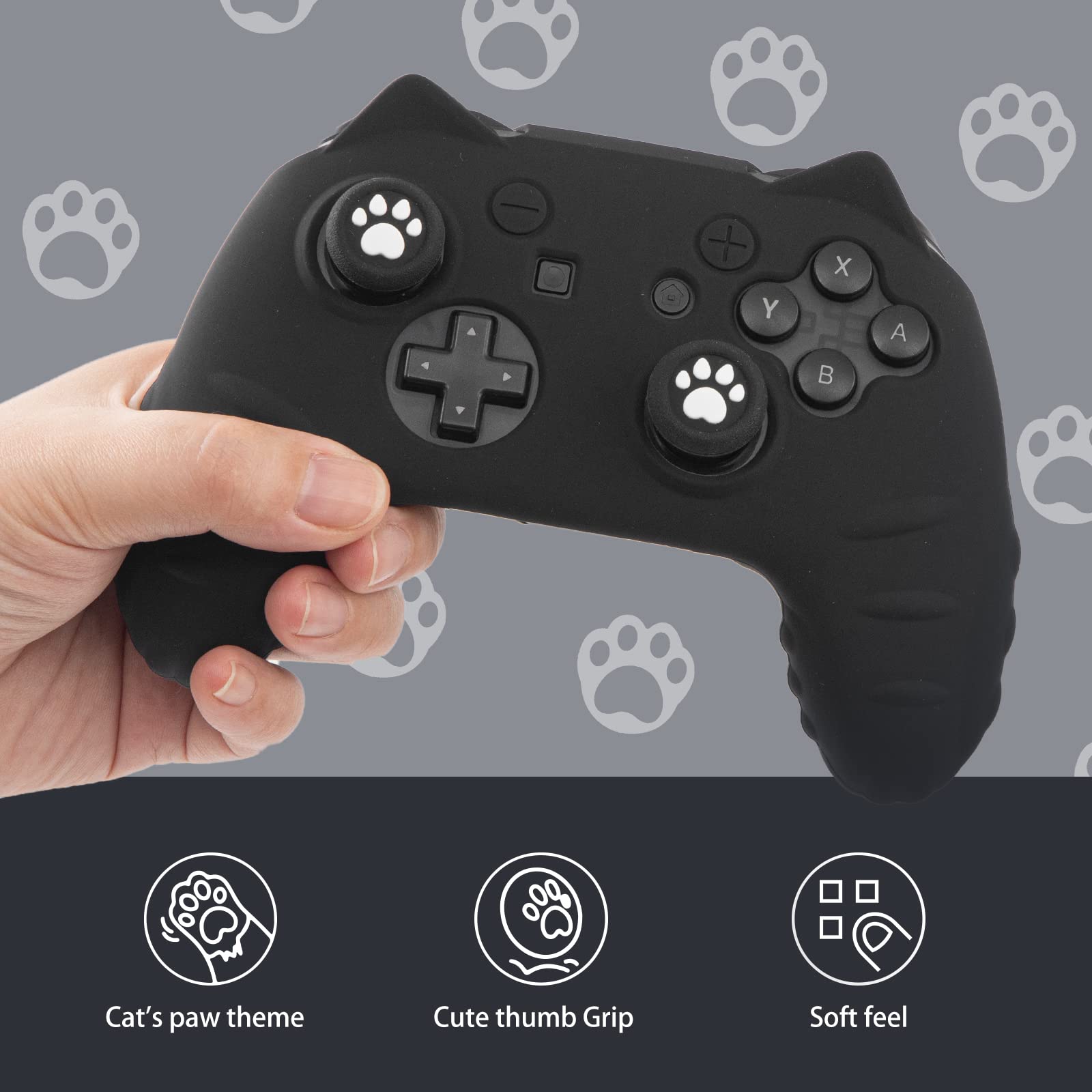 Cute Cat Paw Switch Pro Controller Skin with Thumb Grip Caps & Stickers - Black | Protective Cover for Nintendo Switch Pro Controller | Perfect for Gaming, Collectors & Gift Giving