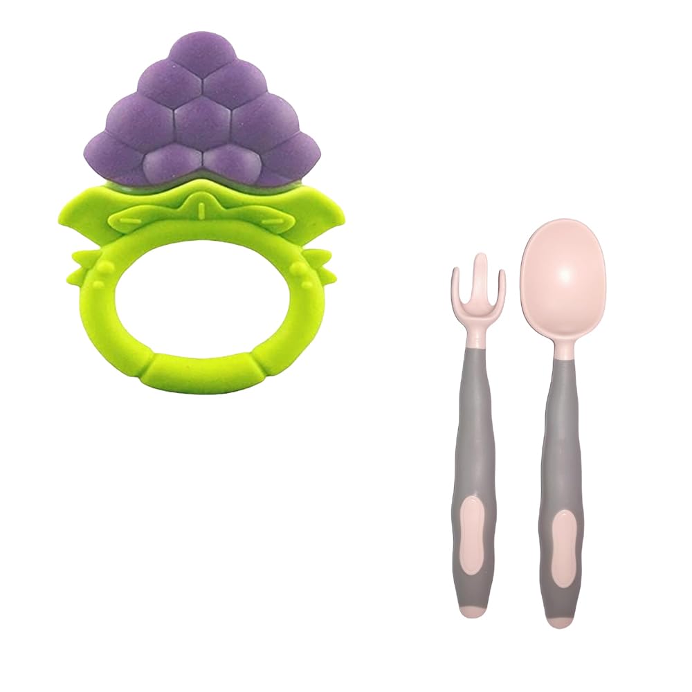 Joy Buzz BPA-Free Silicone Fruit Teether & Baby Spoons Set | Safe Teething Toy & Feeding Utensils for Infants 6+ Months | Blue & Peach Color | Perfect for Soothing Sore Gums & Introducing Solid Foods