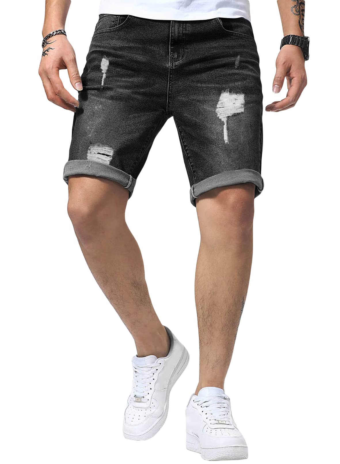JMIERR Men's Stretch Skinny Ripped Jean Shorts - Slim Fit Distressed Denim Rolled Shorts for Casual Wear | Perfect for Summer Outfits, Beach Vacations & Street Style Fashion