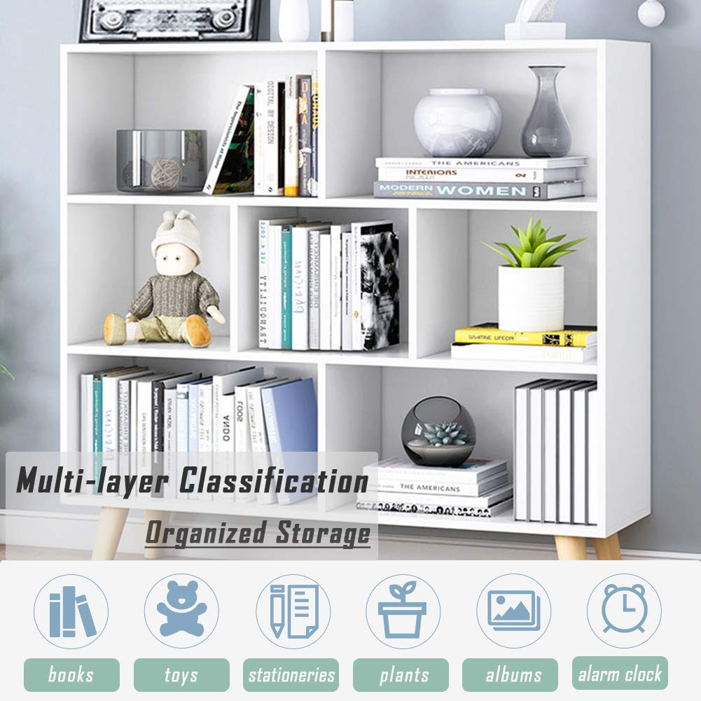 IOTXY 3-Tier Wooden Open Shelf Bookcase - Free Standing Floor Display Cabinet with 7 Cubes & Legs, Warm White - Perfect for Living Room, Bedroom, Office & Home Decor Storage
